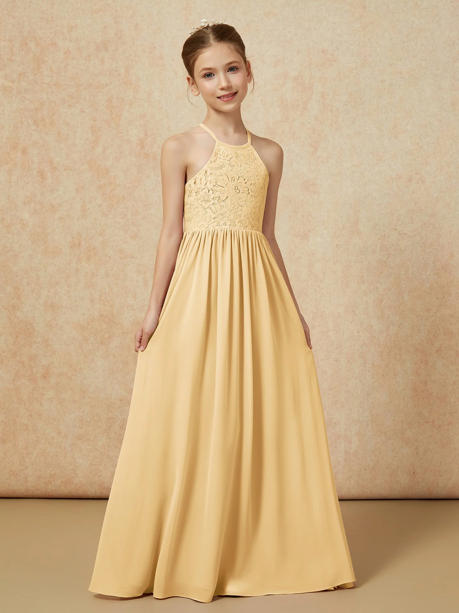 Plissee Spitzen Chiffon Lang Junge Brautjungfernkleider Gold - Image 5