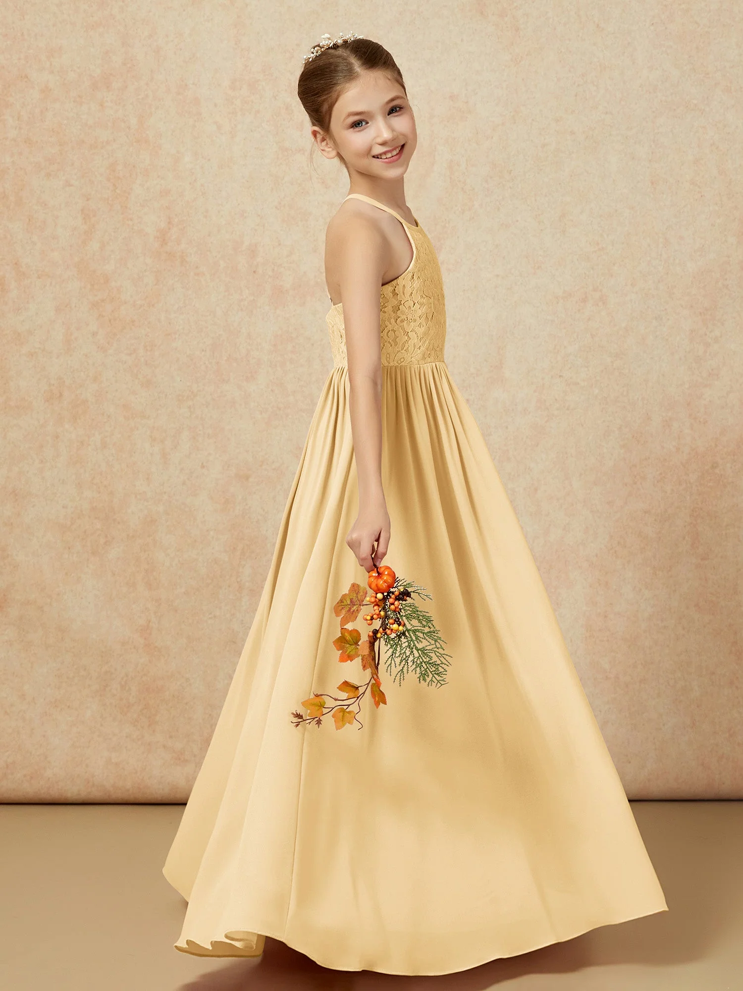 Plissee Spitzen Chiffon Lang Junge Brautjungfernkleider Gold - Image 6