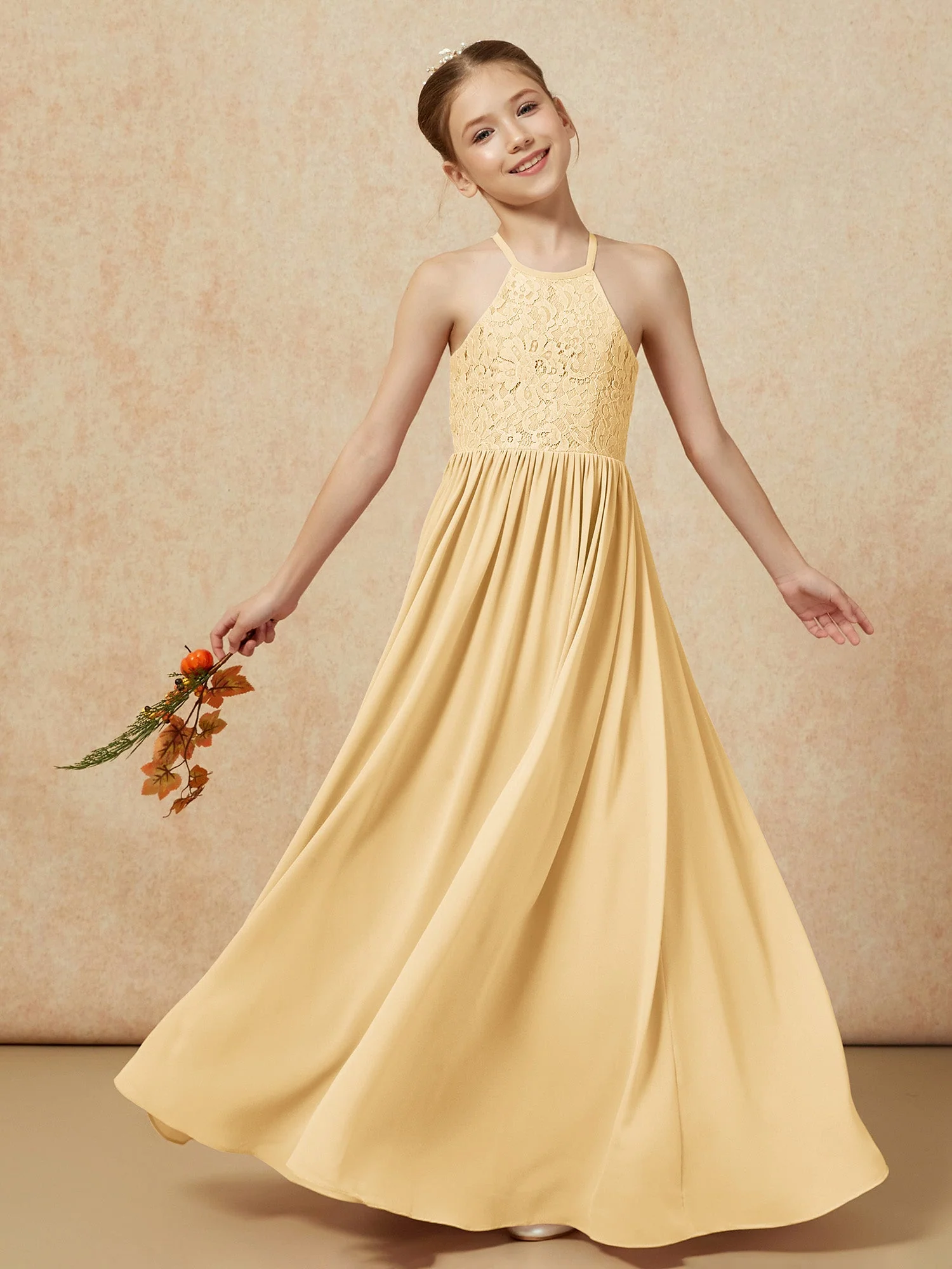 Plissee Spitzen Chiffon Lang Junge Brautjungfernkleider Gold - Image 7