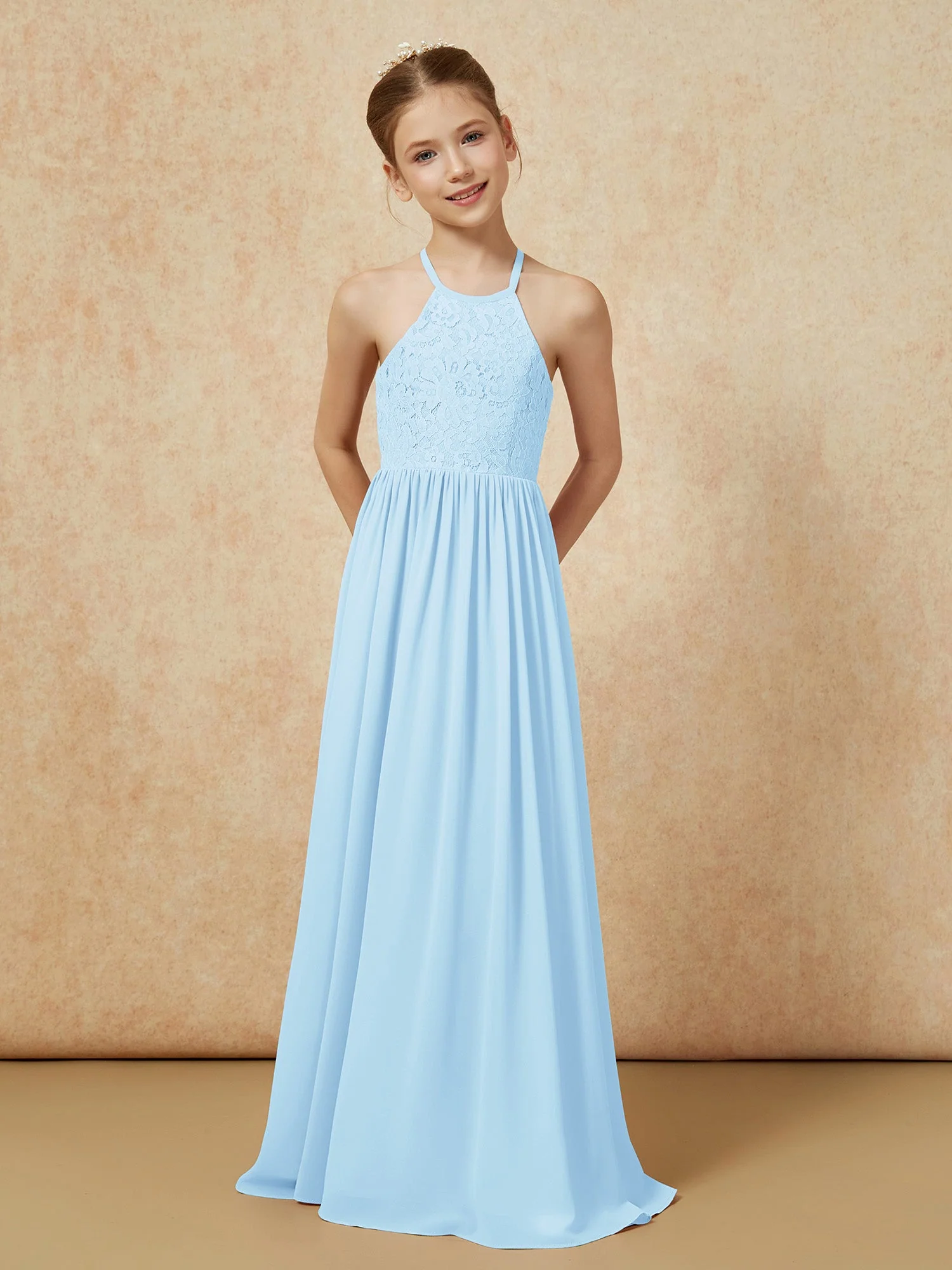 Plissee Spitzen Chiffon Lang Junge Brautjungfernkleider Himmelblau - Image 4