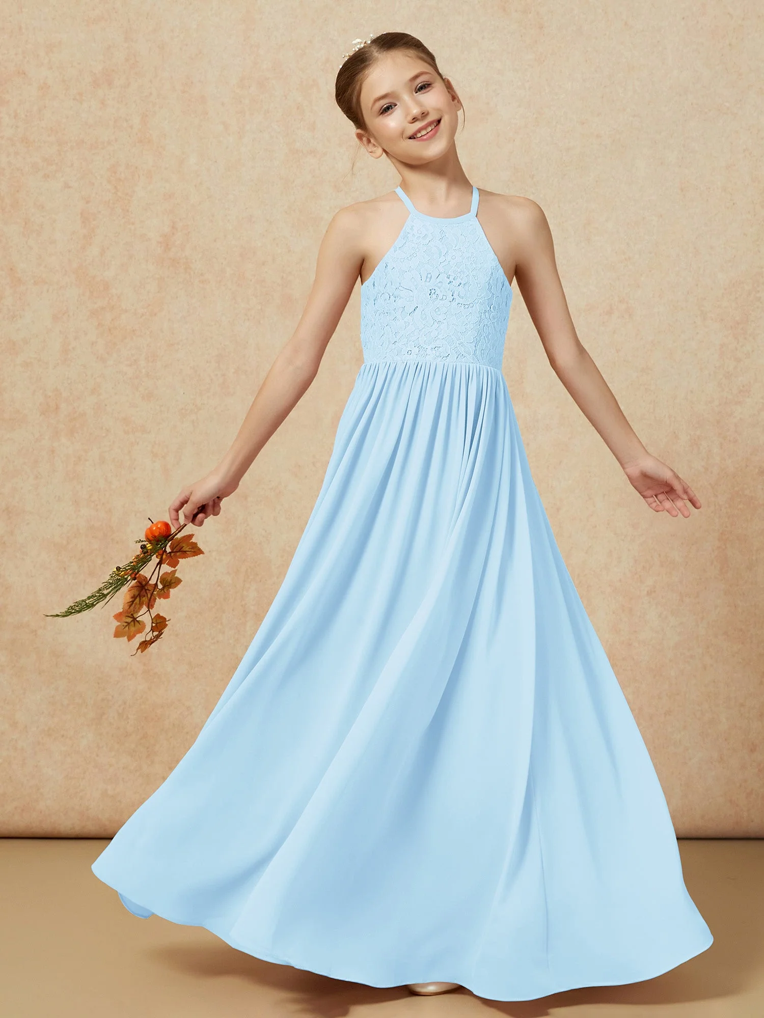 Plissee Spitzen Chiffon Lang Junge Brautjungfernkleider Himmelblau - Image 7