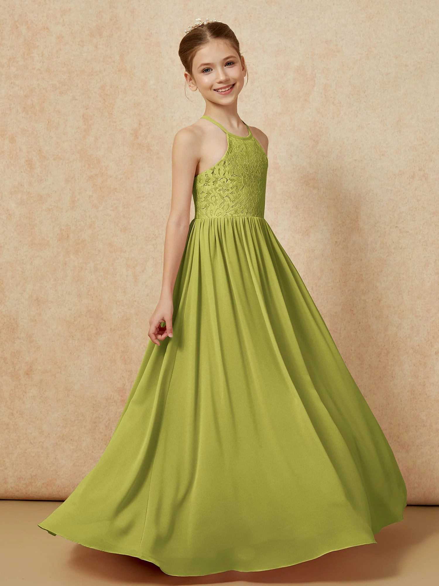 Plissee Spitzen Chiffon Lang Junge Brautjungfernkleider Kleegrün - Image 3