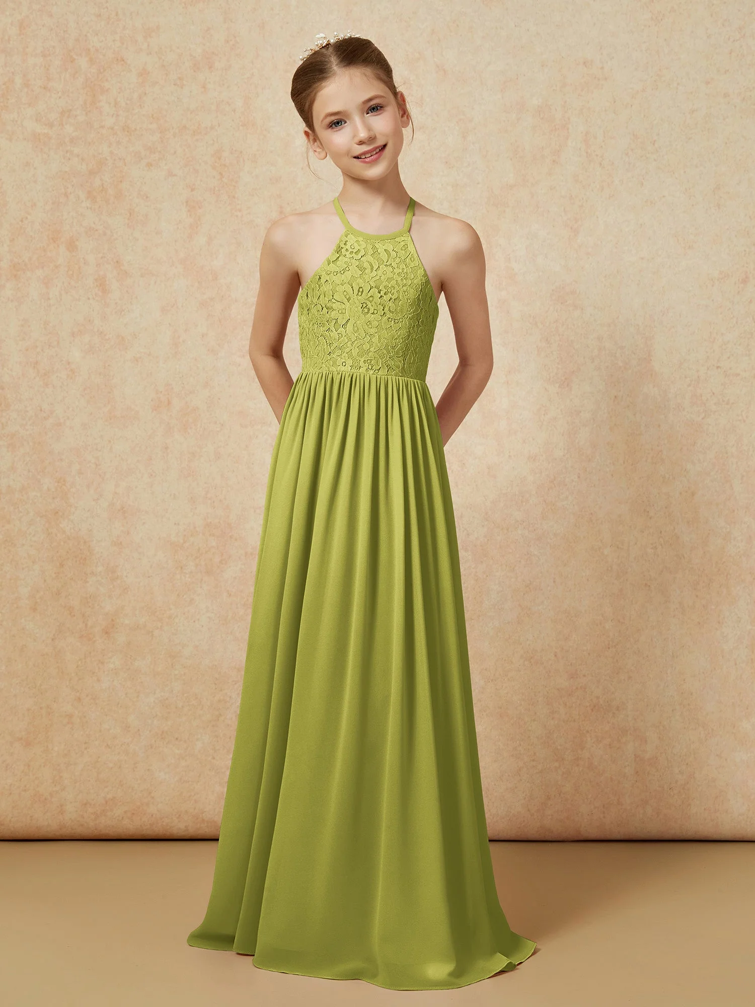 Plissee Spitzen Chiffon Lang Junge Brautjungfernkleider Kleegrün - Image 4