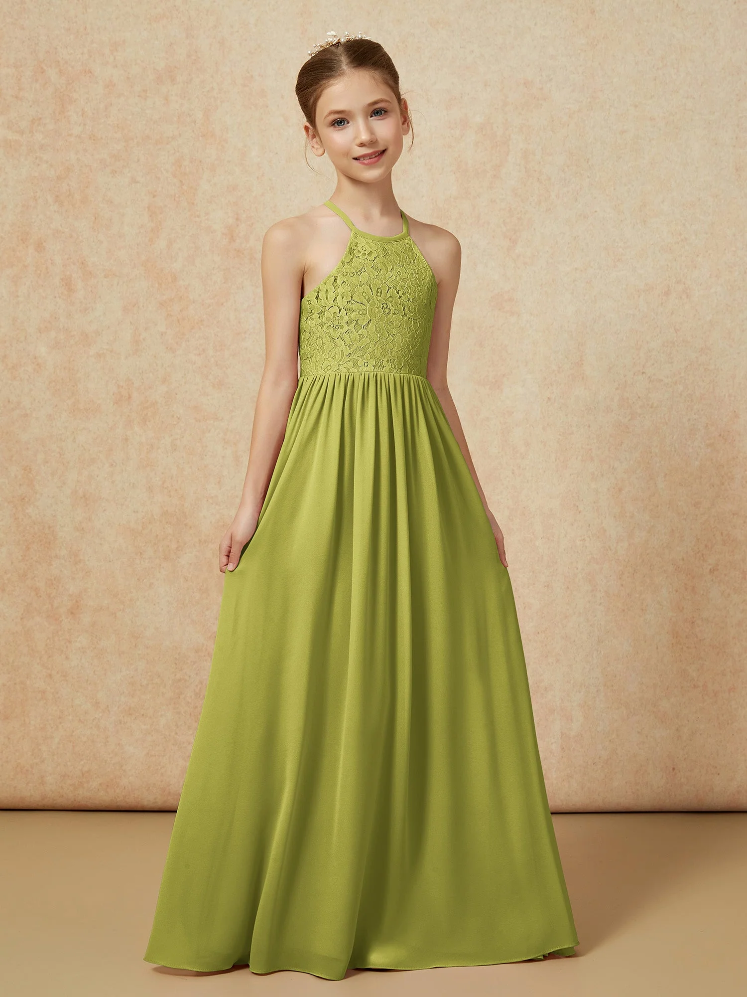 Plissee Spitzen Chiffon Lang Junge Brautjungfernkleider Kleegrün - Image 5