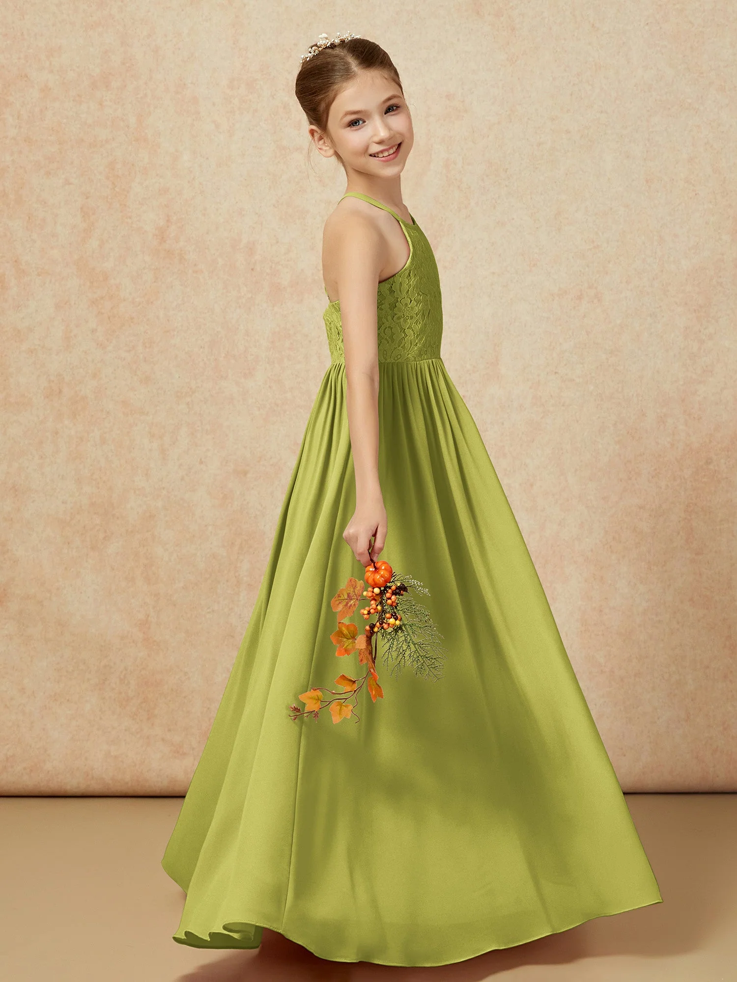 Plissee Spitzen Chiffon Lang Junge Brautjungfernkleider Kleegrün - Image 6