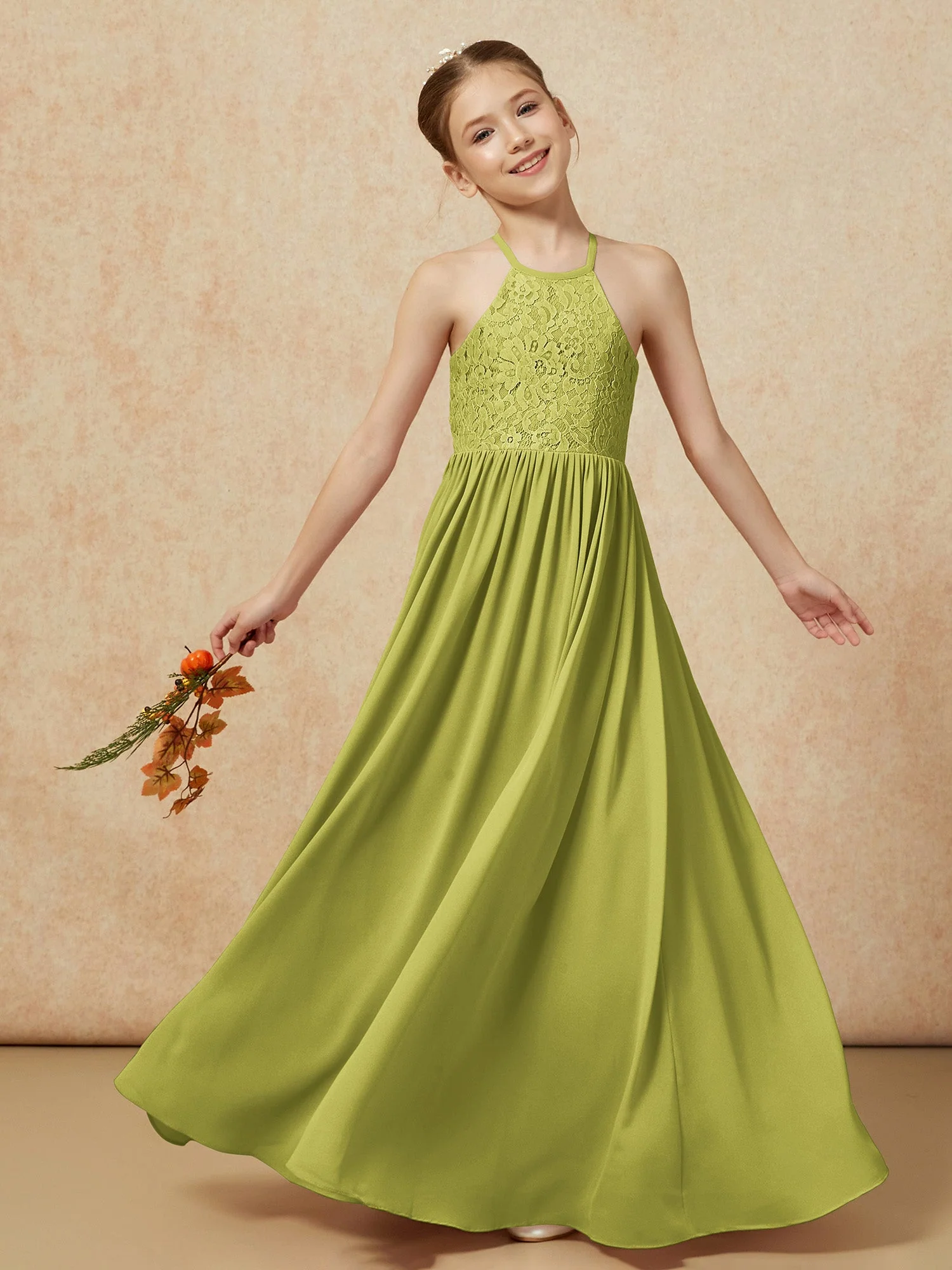 Plissee Spitzen Chiffon Lang Junge Brautjungfernkleider Kleegrün - Image 7
