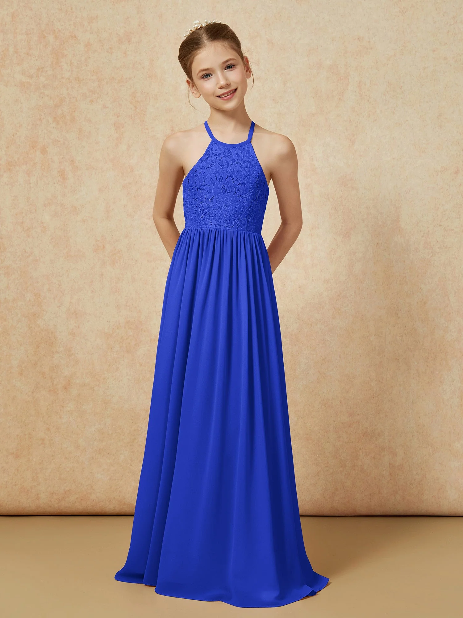 Plissee Spitzen Chiffon Lang Junge Brautjungfernkleider Königsblau - Image 4