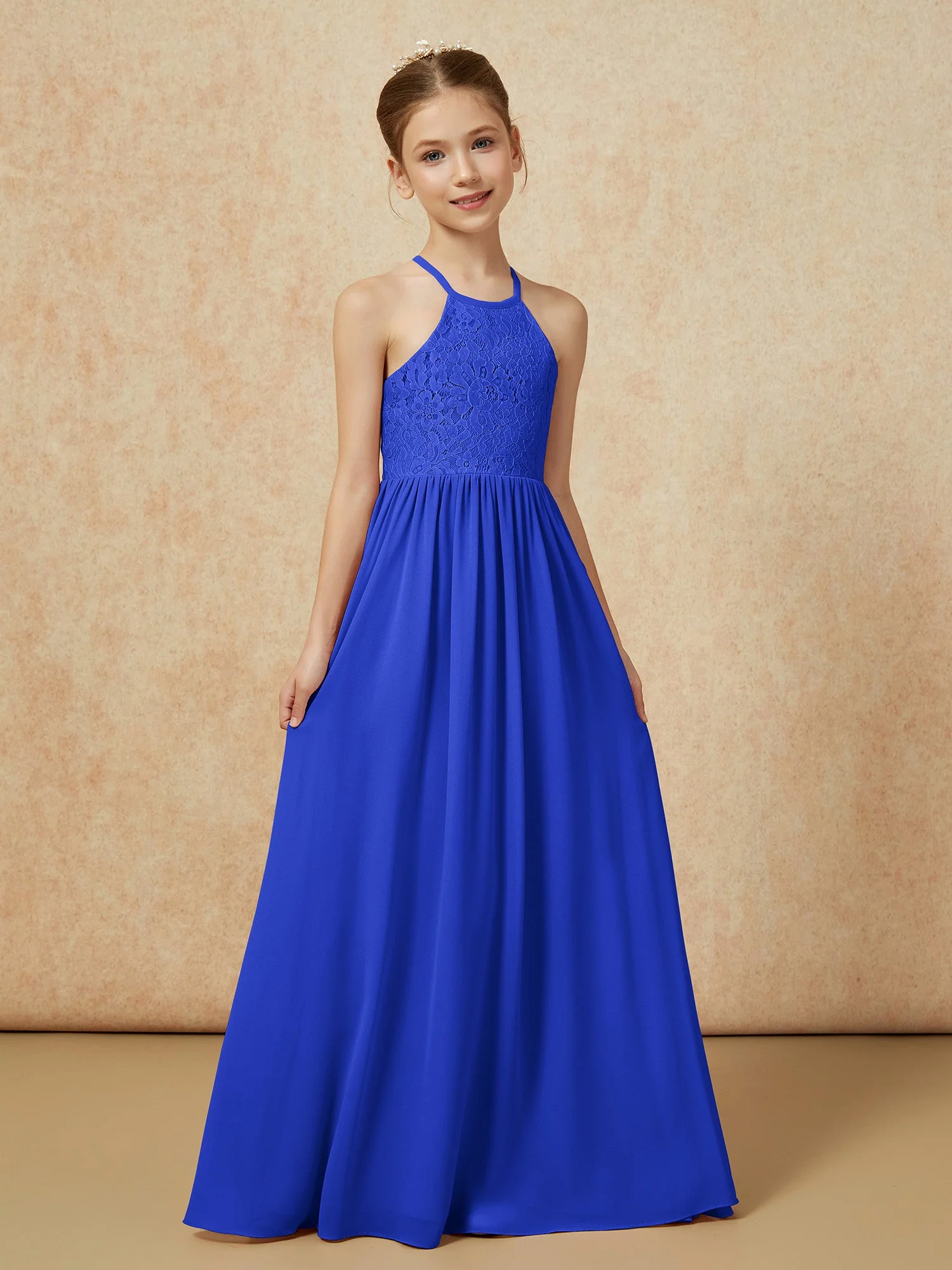 Plissee Spitzen Chiffon Lang Junge Brautjungfernkleider Königsblau - Image 5