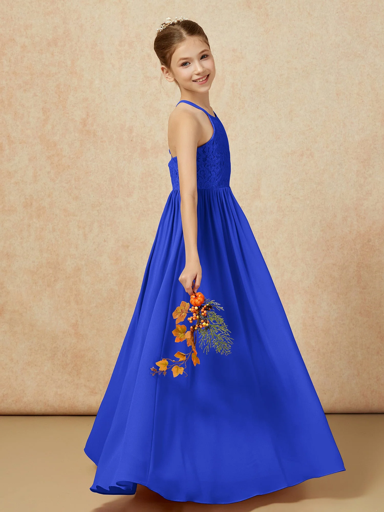 Plissee Spitzen Chiffon Lang Junge Brautjungfernkleider Königsblau - Image 6