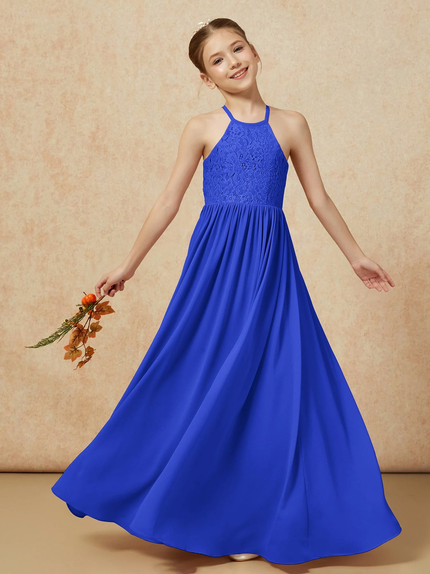 Plissee Spitzen Chiffon Lang Junge Brautjungfernkleider Königsblau - Image 7