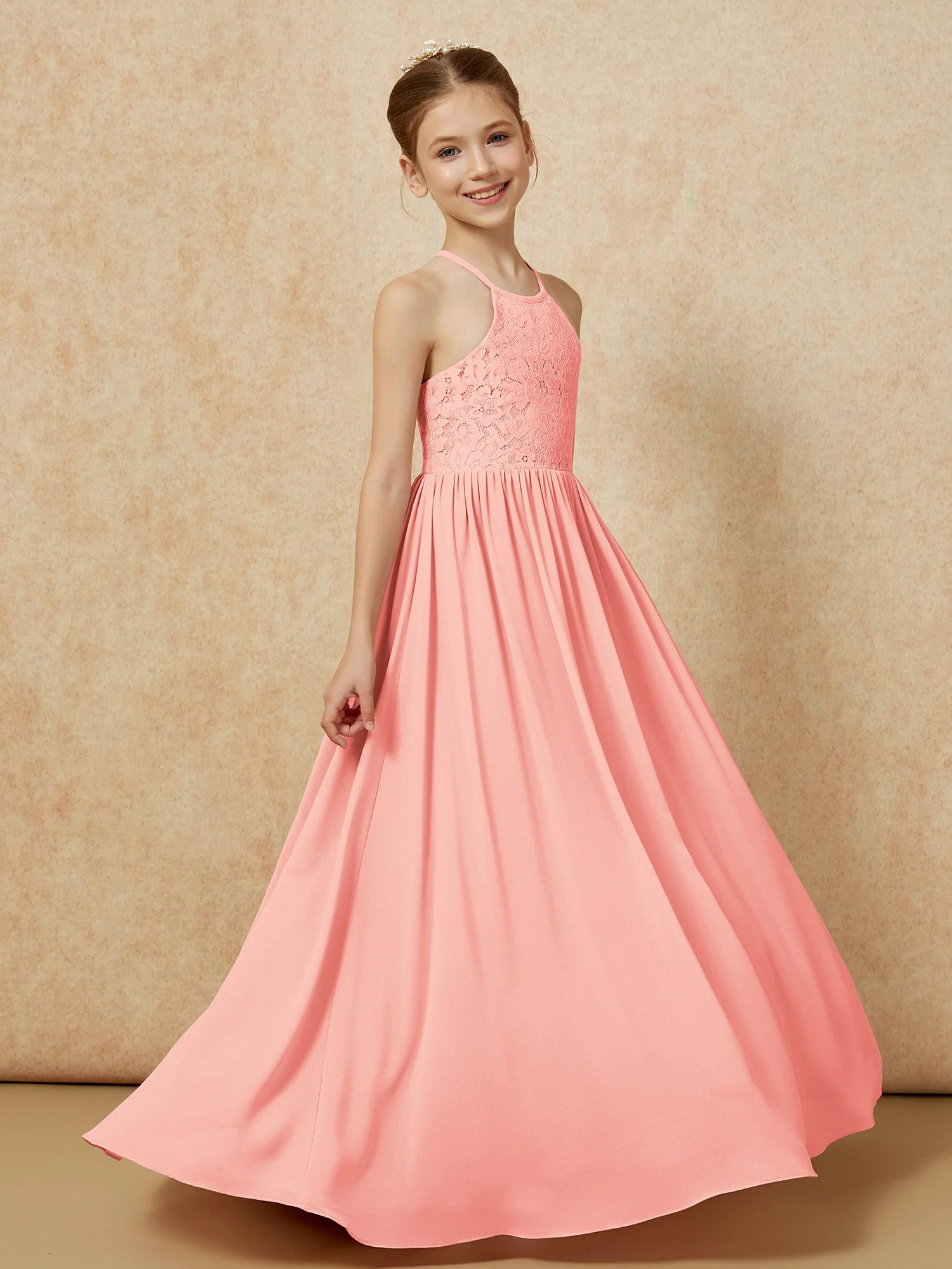Plissee Spitzen Chiffon Lang Junge Brautjungfernkleider Koralle - Image 3