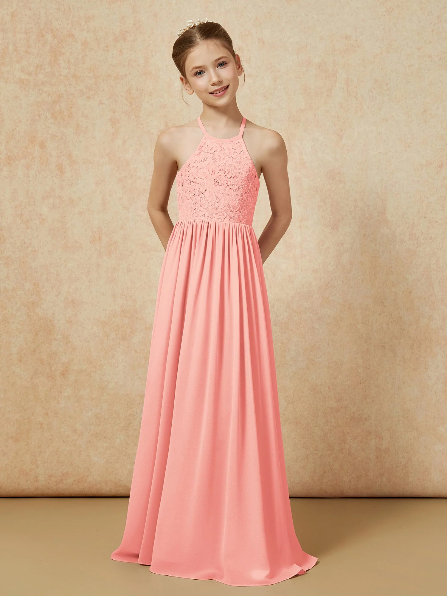Plissee Spitzen Chiffon Lang Junge Brautjungfernkleider Koralle - Image 4