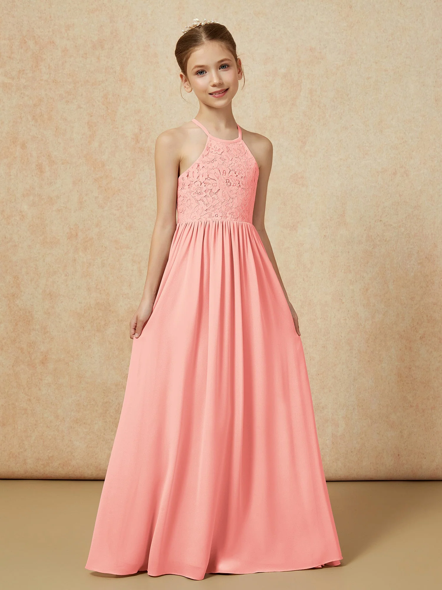 Plissee Spitzen Chiffon Lang Junge Brautjungfernkleider Koralle - Image 5