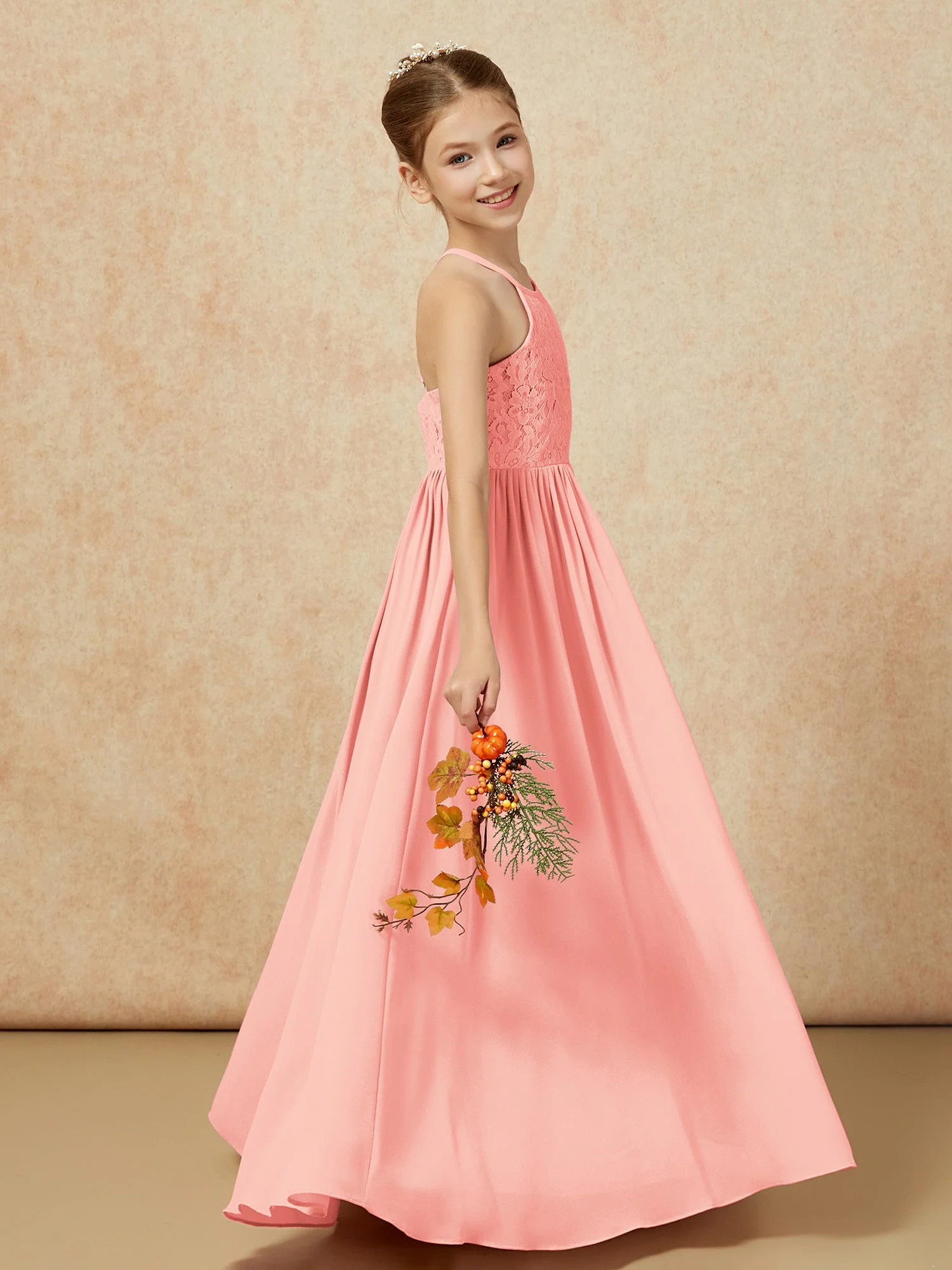 Plissee Spitzen Chiffon Lang Junge Brautjungfernkleider Koralle - Image 6