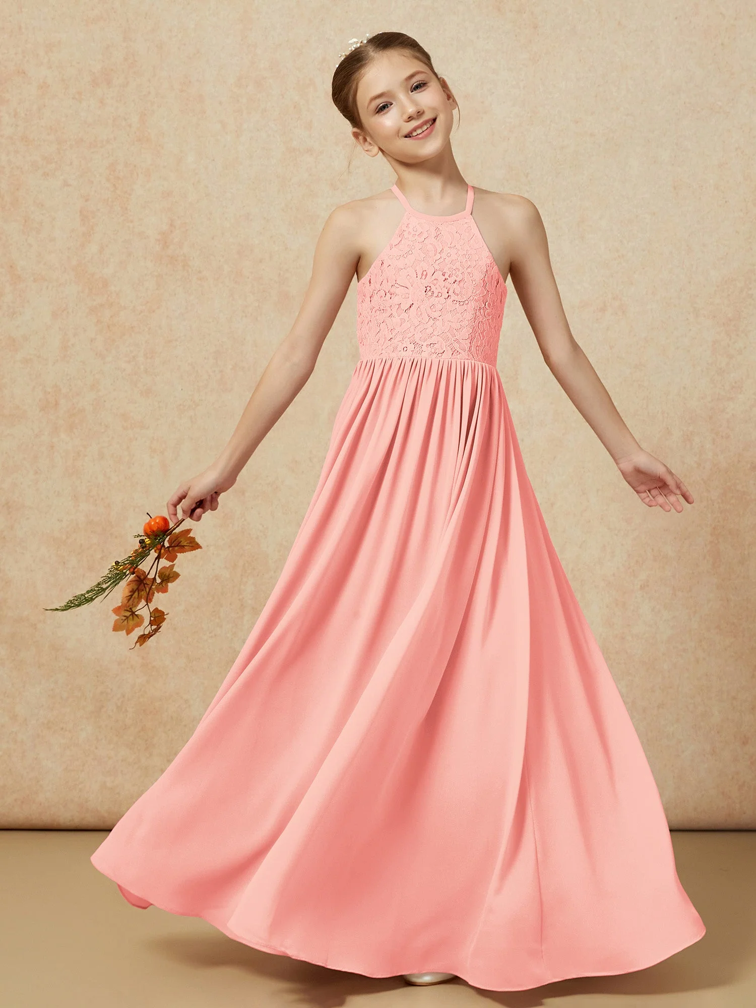Plissee Spitzen Chiffon Lang Junge Brautjungfernkleider Koralle - Image 7