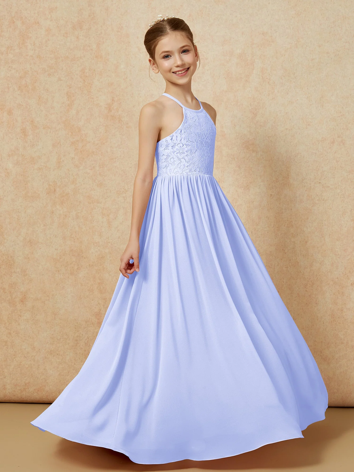 Plissee Spitzen Chiffon Lang Junge Brautjungfernkleider Lavendel - Image 3
