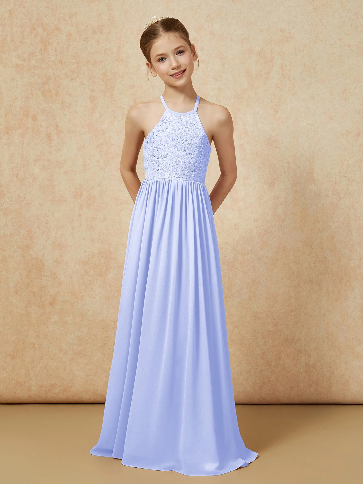 Plissee Spitzen Chiffon Lang Junge Brautjungfernkleider Lavendel - Image 4