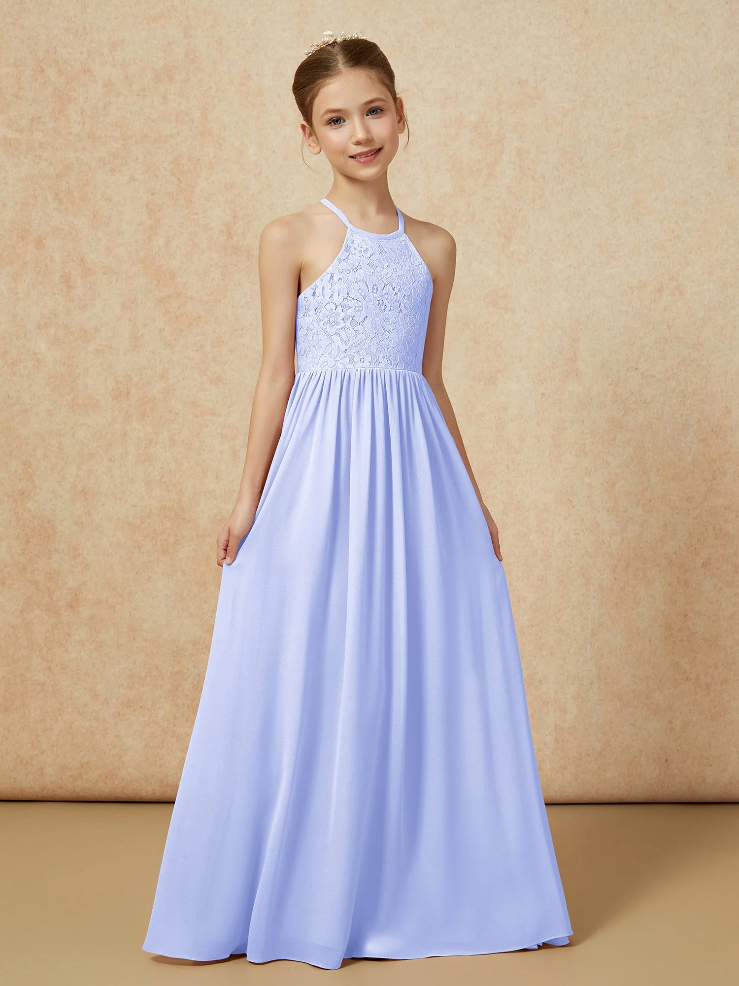 Plissee Spitzen Chiffon Lang Junge Brautjungfernkleider Lavendel - Image 5