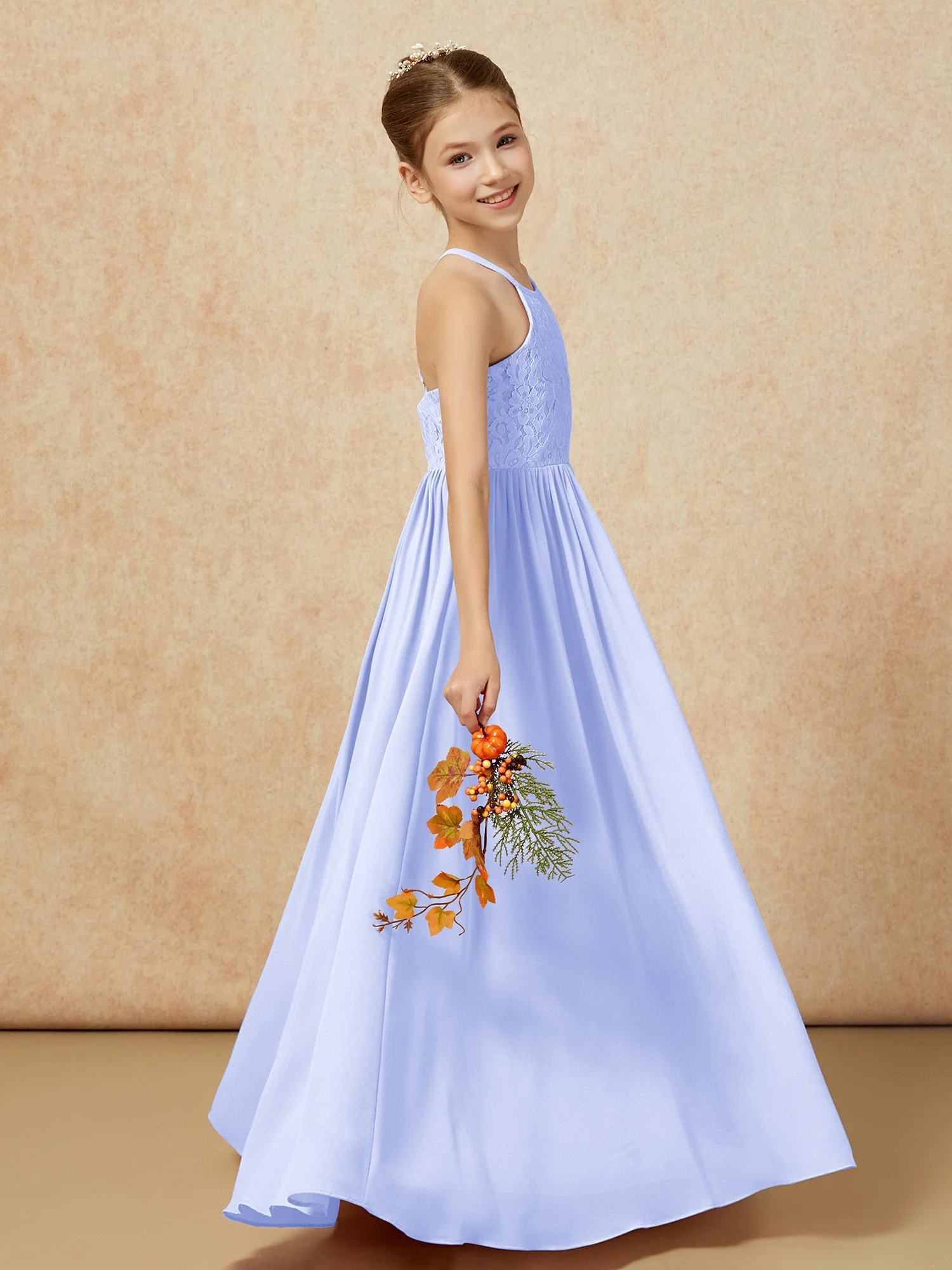 Plissee Spitzen Chiffon Lang Junge Brautjungfernkleider Lavendel - Image 6