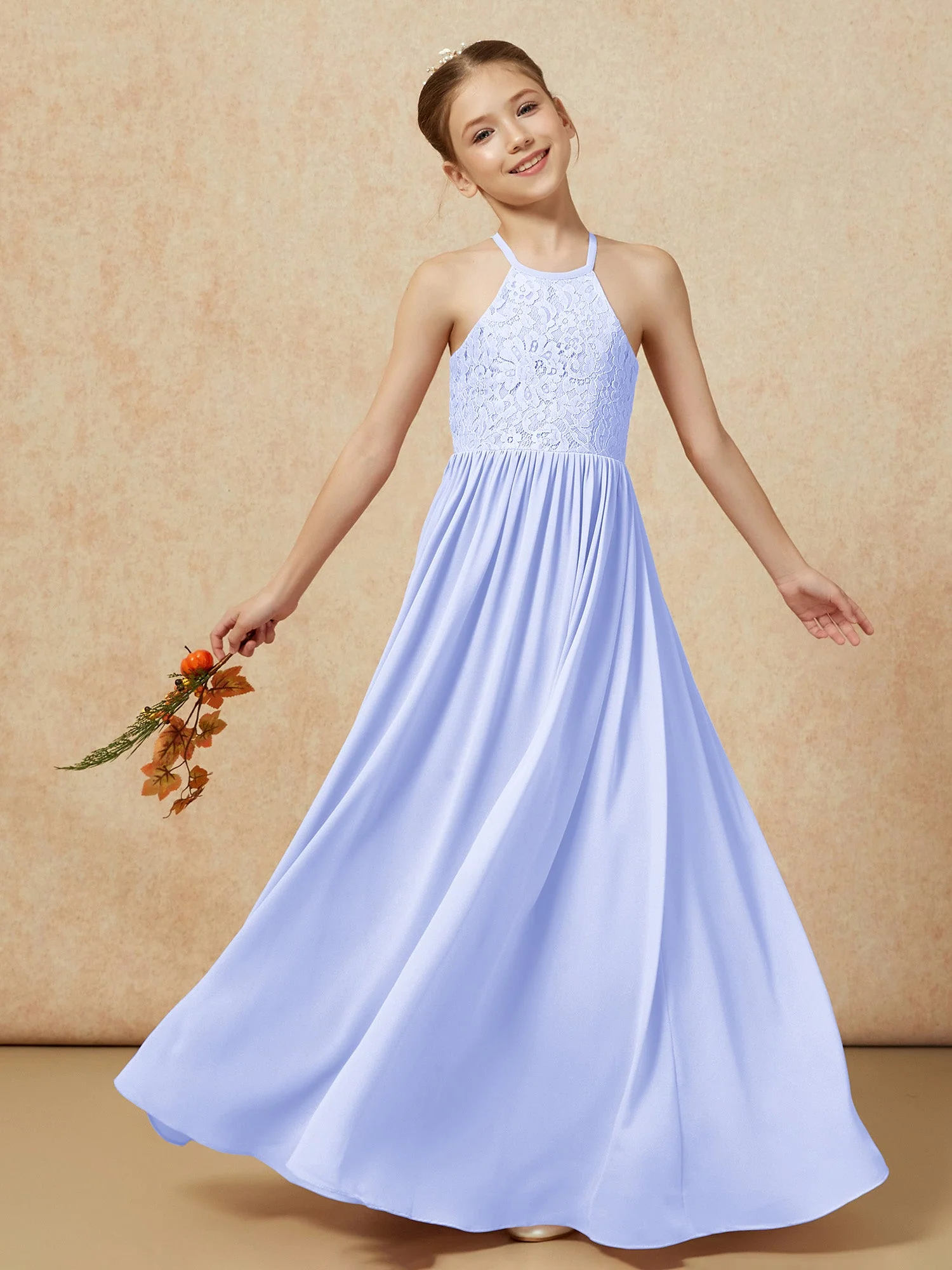 Plissee Spitzen Chiffon Lang Junge Brautjungfernkleider Lavendel - Image 7