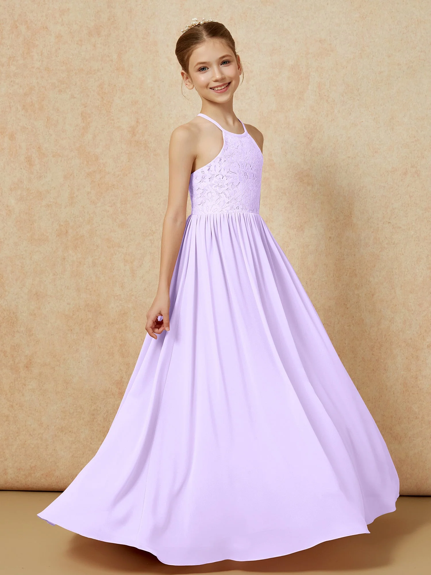 Plissee Spitzen Chiffon Lang Junge Brautjungfernkleider Lila - Image 3