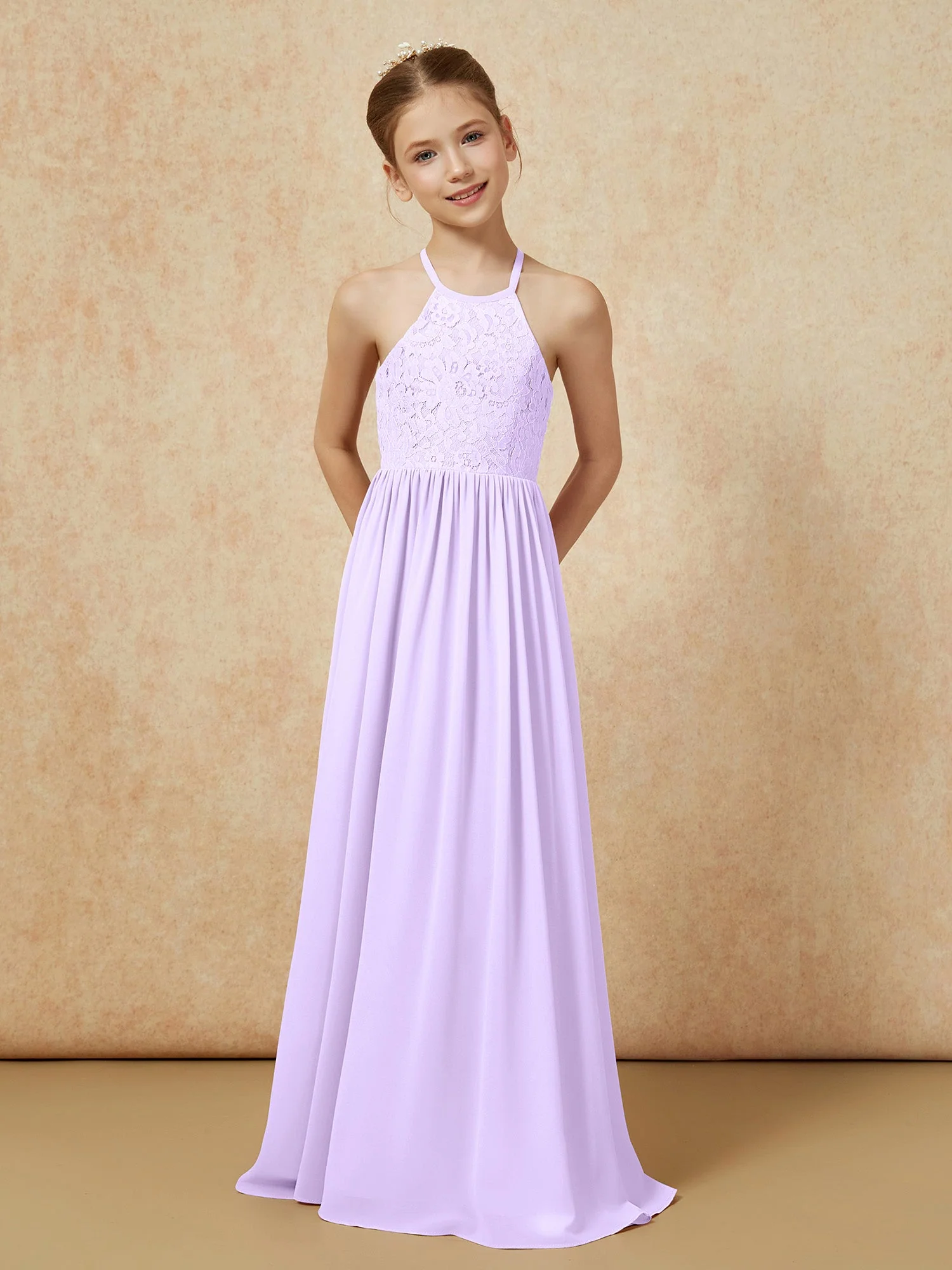 Plissee Spitzen Chiffon Lang Junge Brautjungfernkleider Lila - Image 4