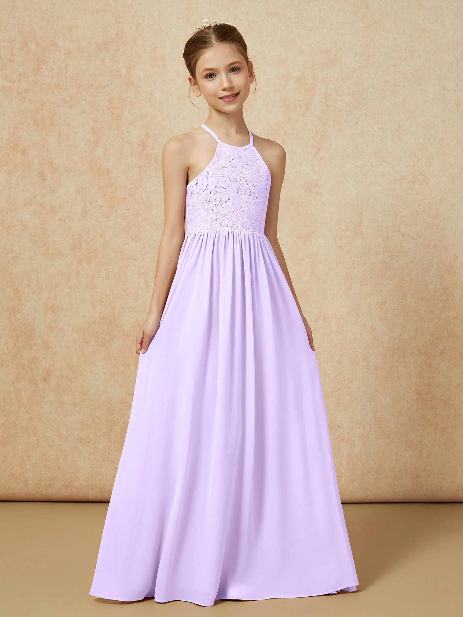 Plissee Spitzen Chiffon Lang Junge Brautjungfernkleider Lila - Image 5