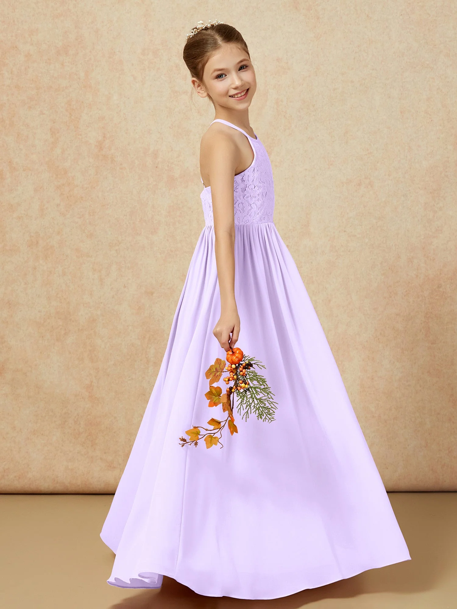 Plissee Spitzen Chiffon Lang Junge Brautjungfernkleider Lila - Image 6