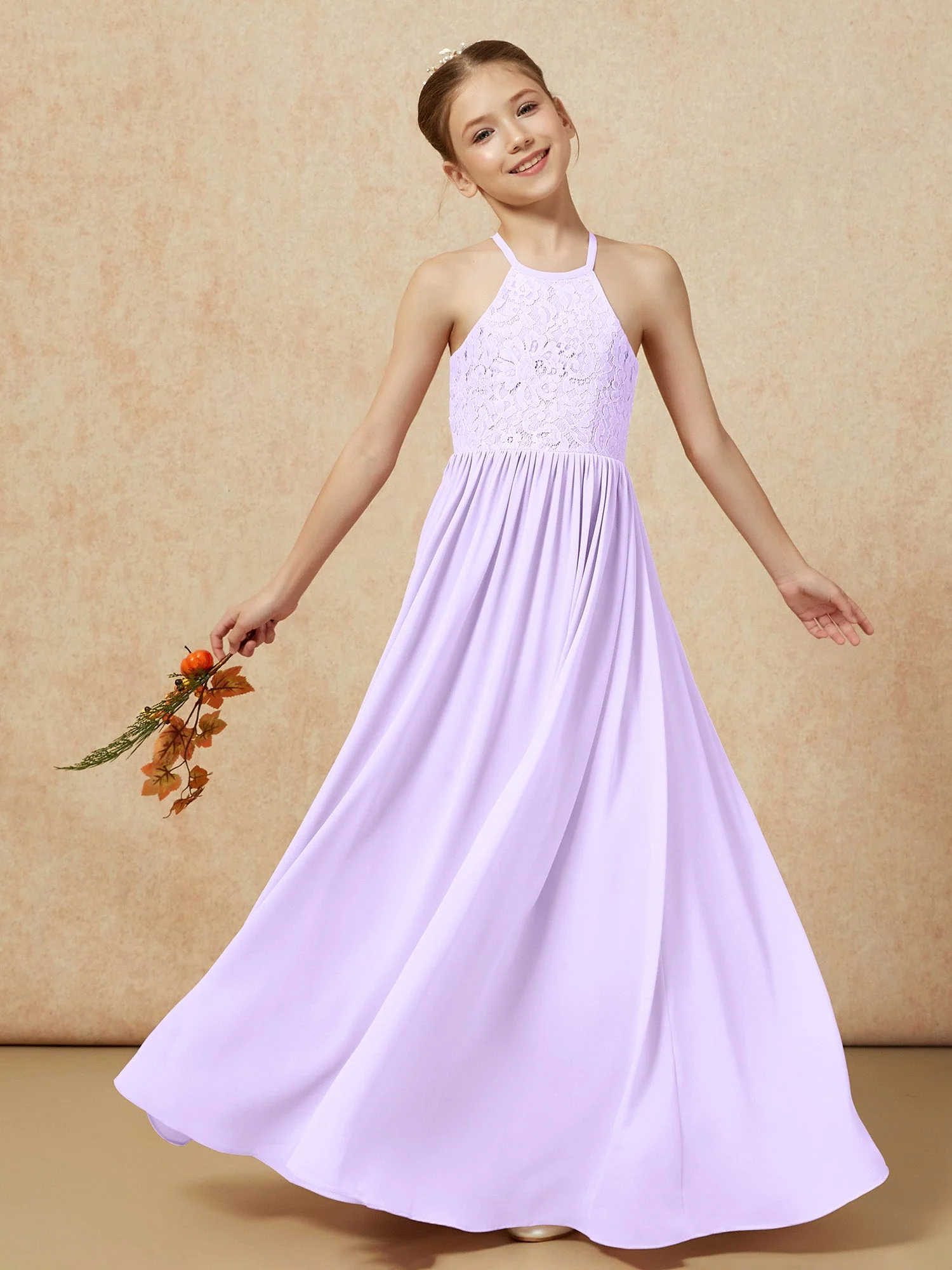 Plissee Spitzen Chiffon Lang Junge Brautjungfernkleider Lila - Image 7