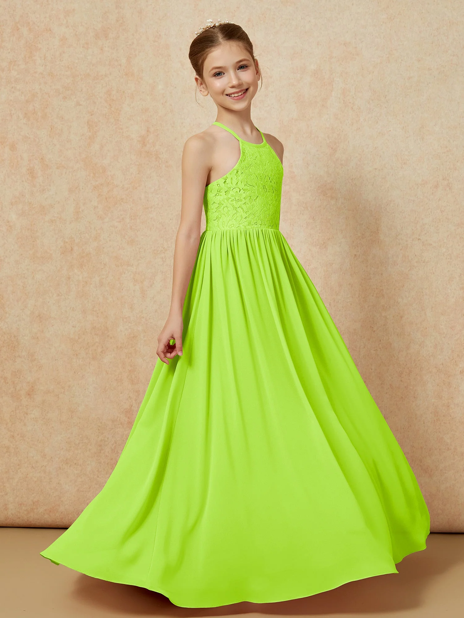 Plissee Spitzen Chiffon Lang Junge Brautjungfernkleider Lindgrün - Image 3