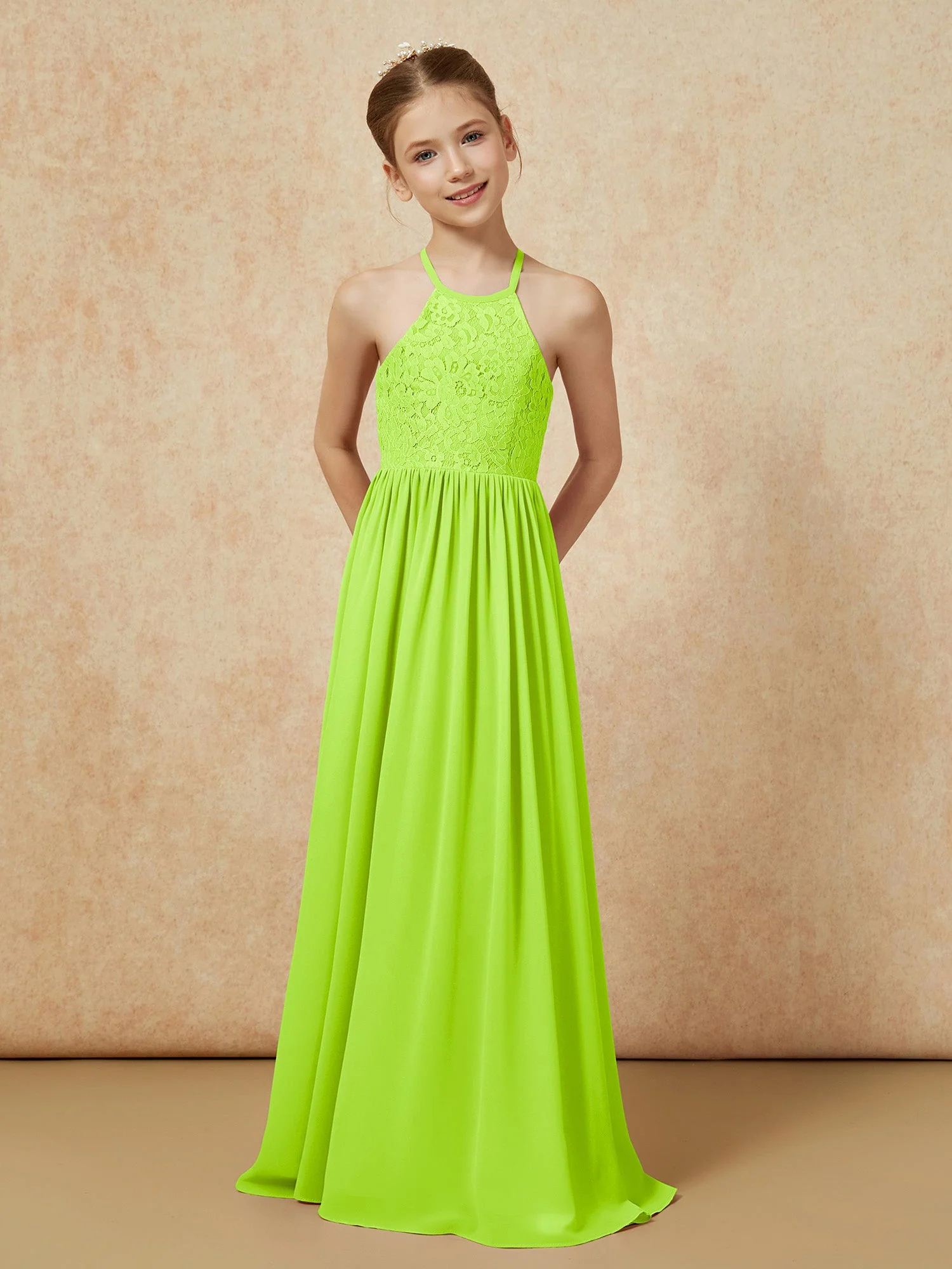 Plissee Spitzen Chiffon Lang Junge Brautjungfernkleider Lindgrün - Image 4
