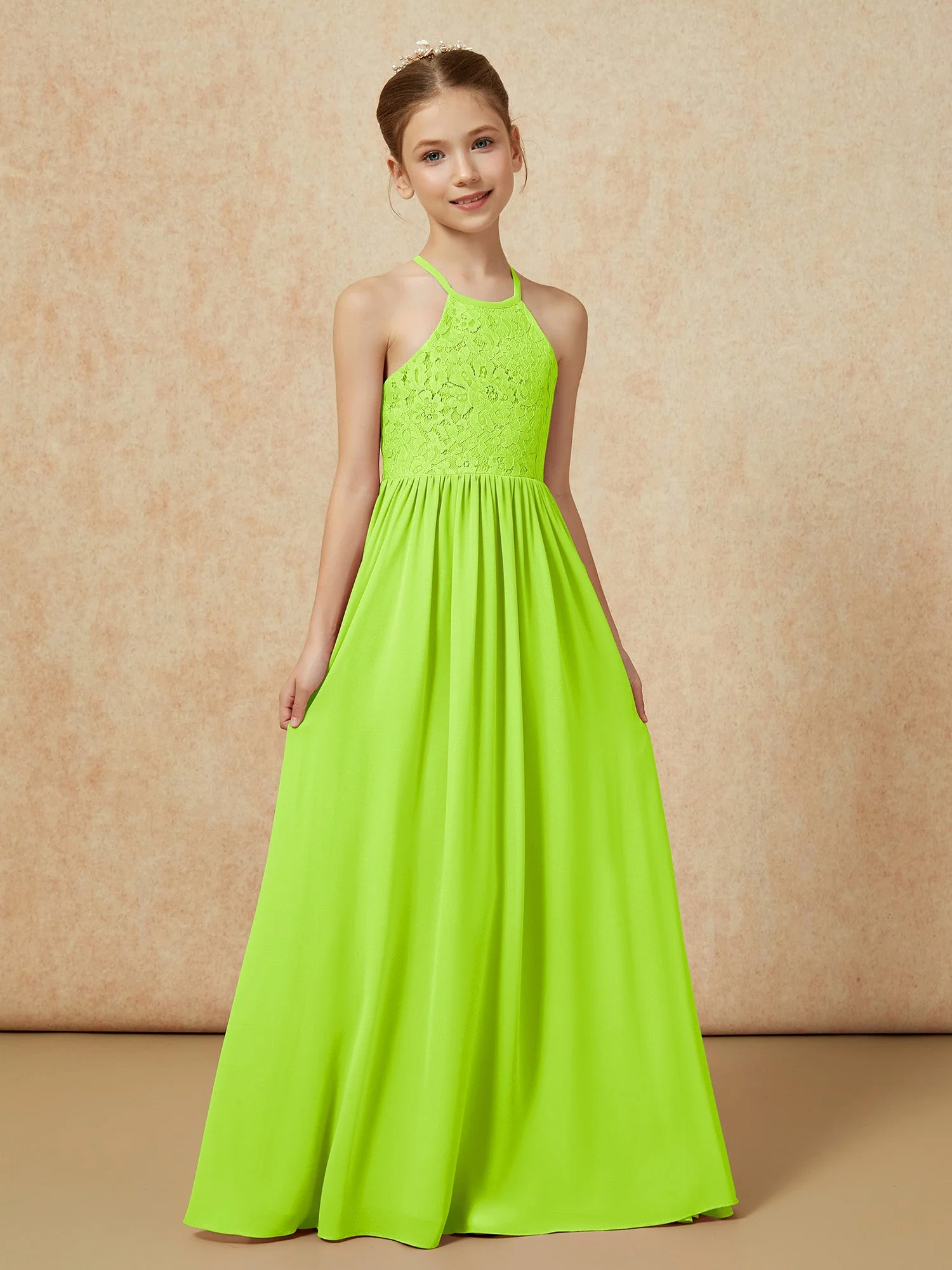 Plissee Spitzen Chiffon Lang Junge Brautjungfernkleider Lindgrün - Image 5