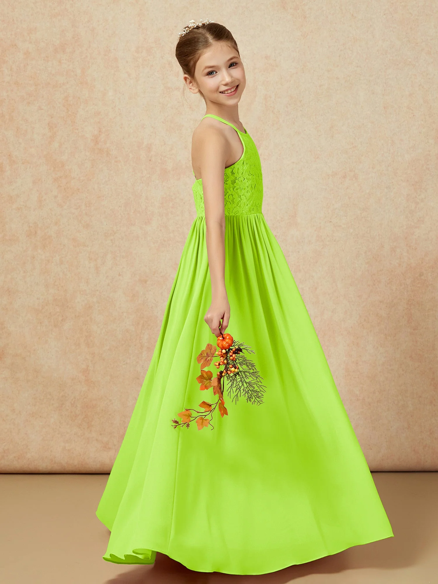 Plissee Spitzen Chiffon Lang Junge Brautjungfernkleider Lindgrün - Image 6