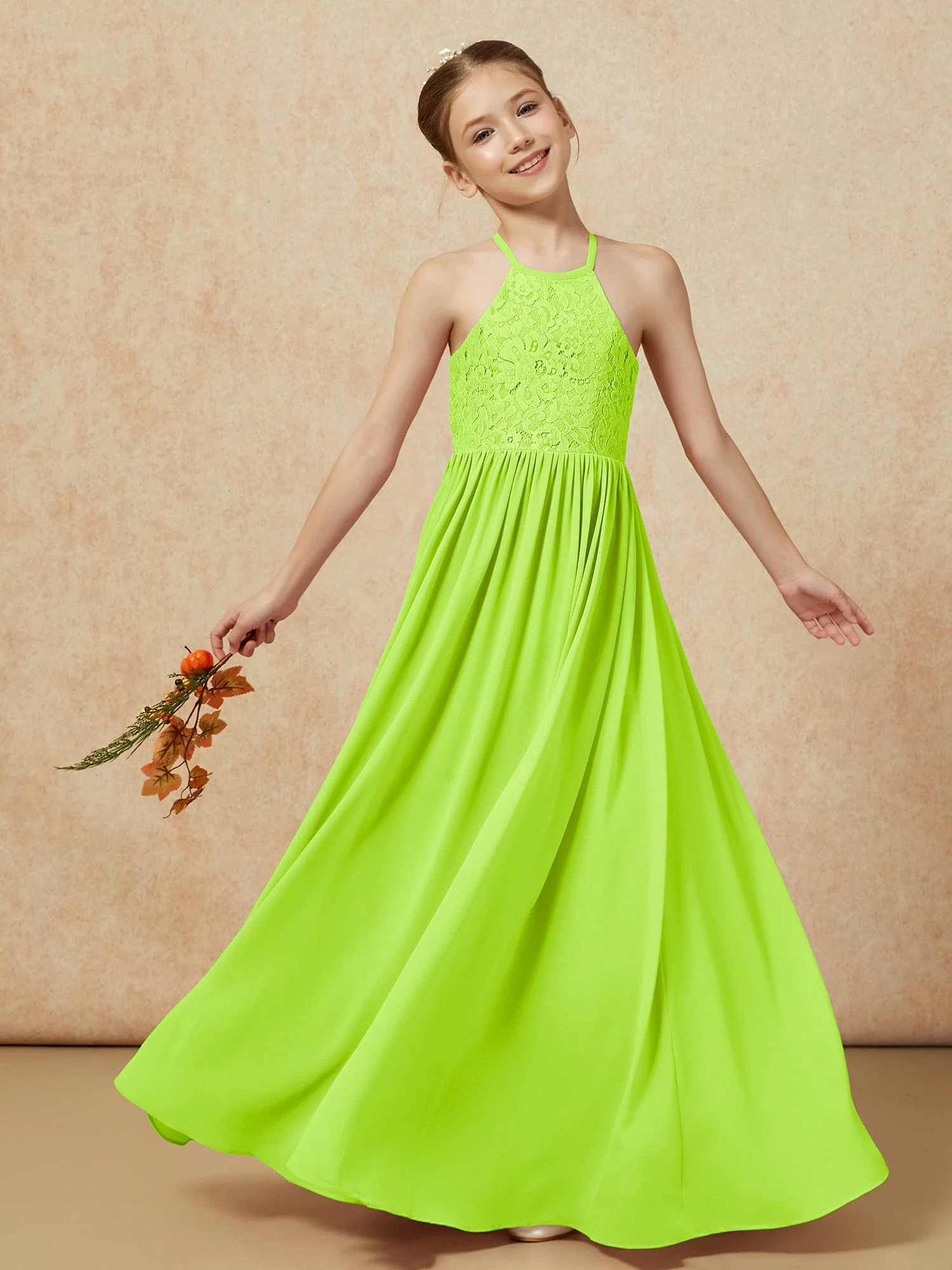 Plissee Spitzen Chiffon Lang Junge Brautjungfernkleider Lindgrün - Image 7