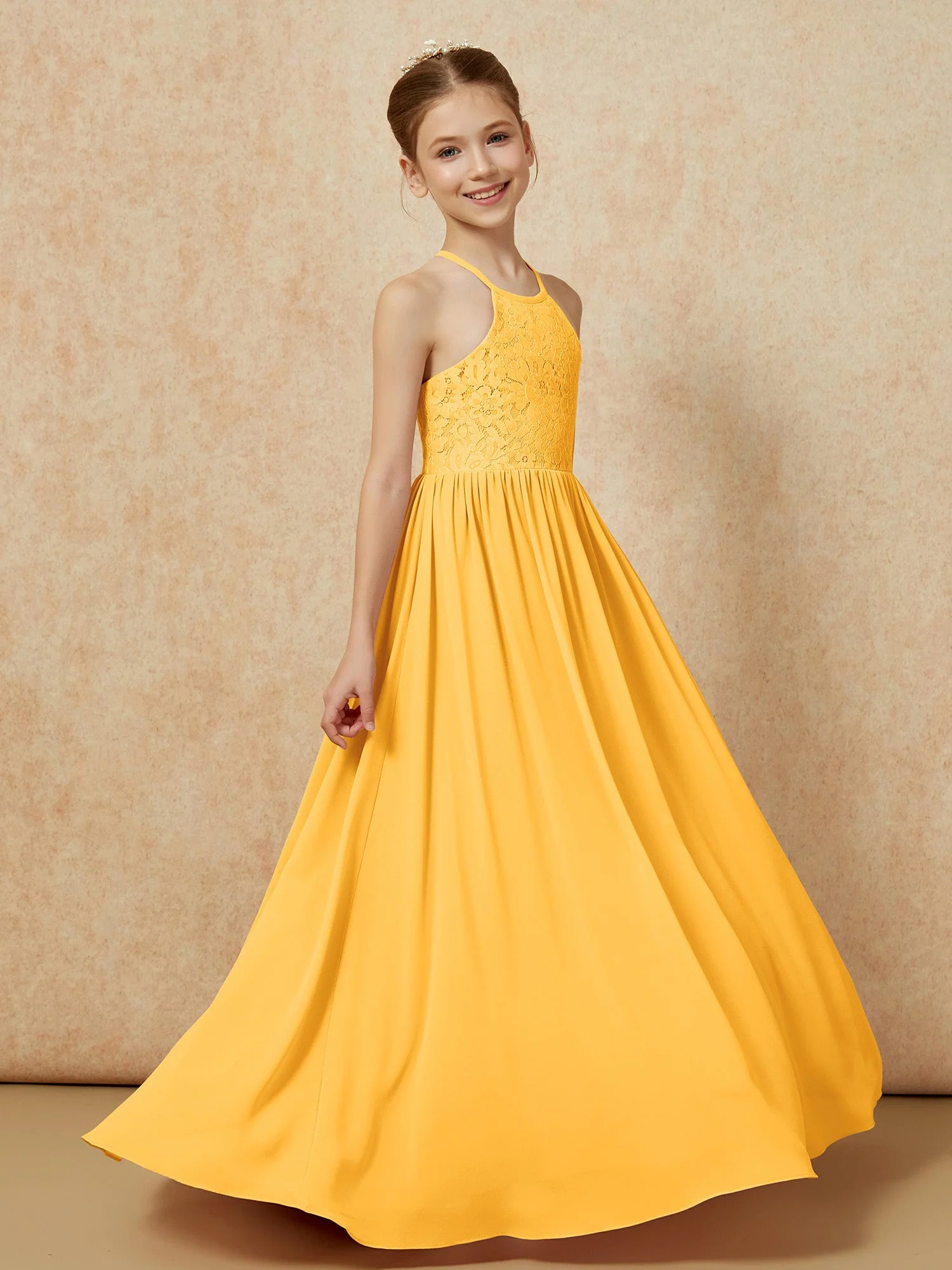 Plissee Spitzen Chiffon Lang Junge Brautjungfernkleider Mandarine - Image 3