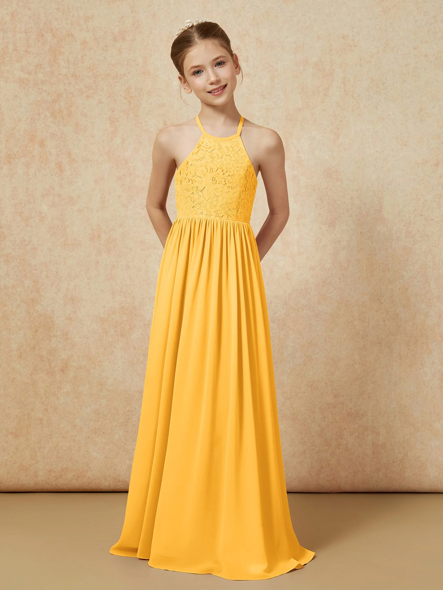 Plissee Spitzen Chiffon Lang Junge Brautjungfernkleider Mandarine - Image 4