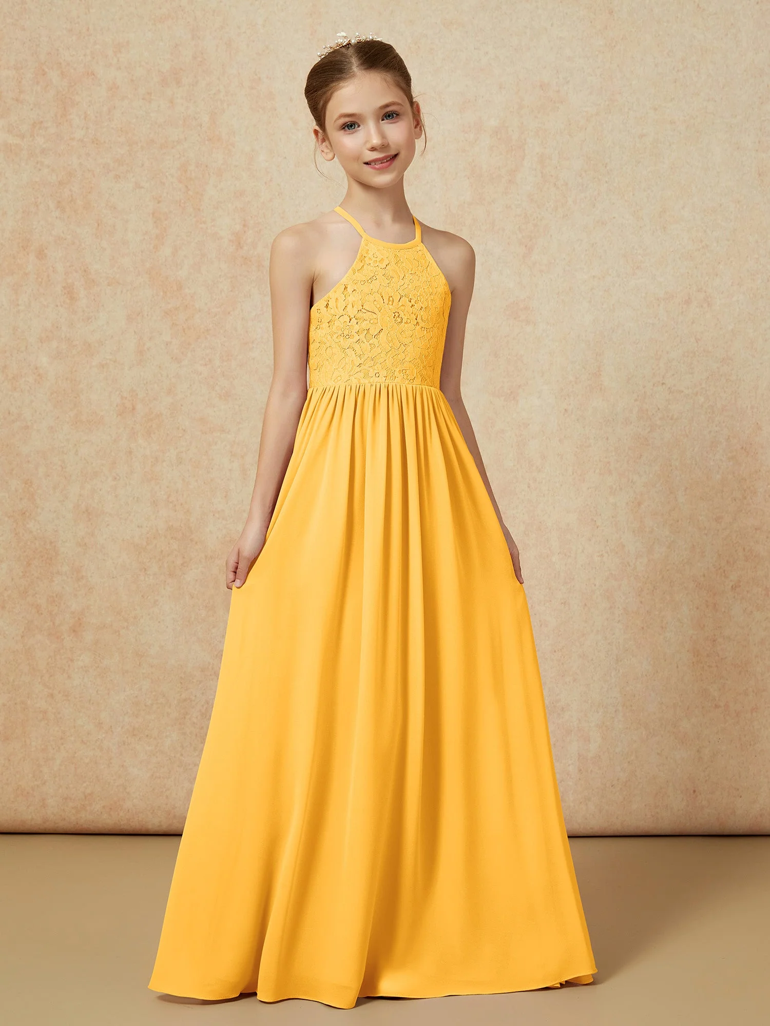 Plissee Spitzen Chiffon Lang Junge Brautjungfernkleider Mandarine - Image 5