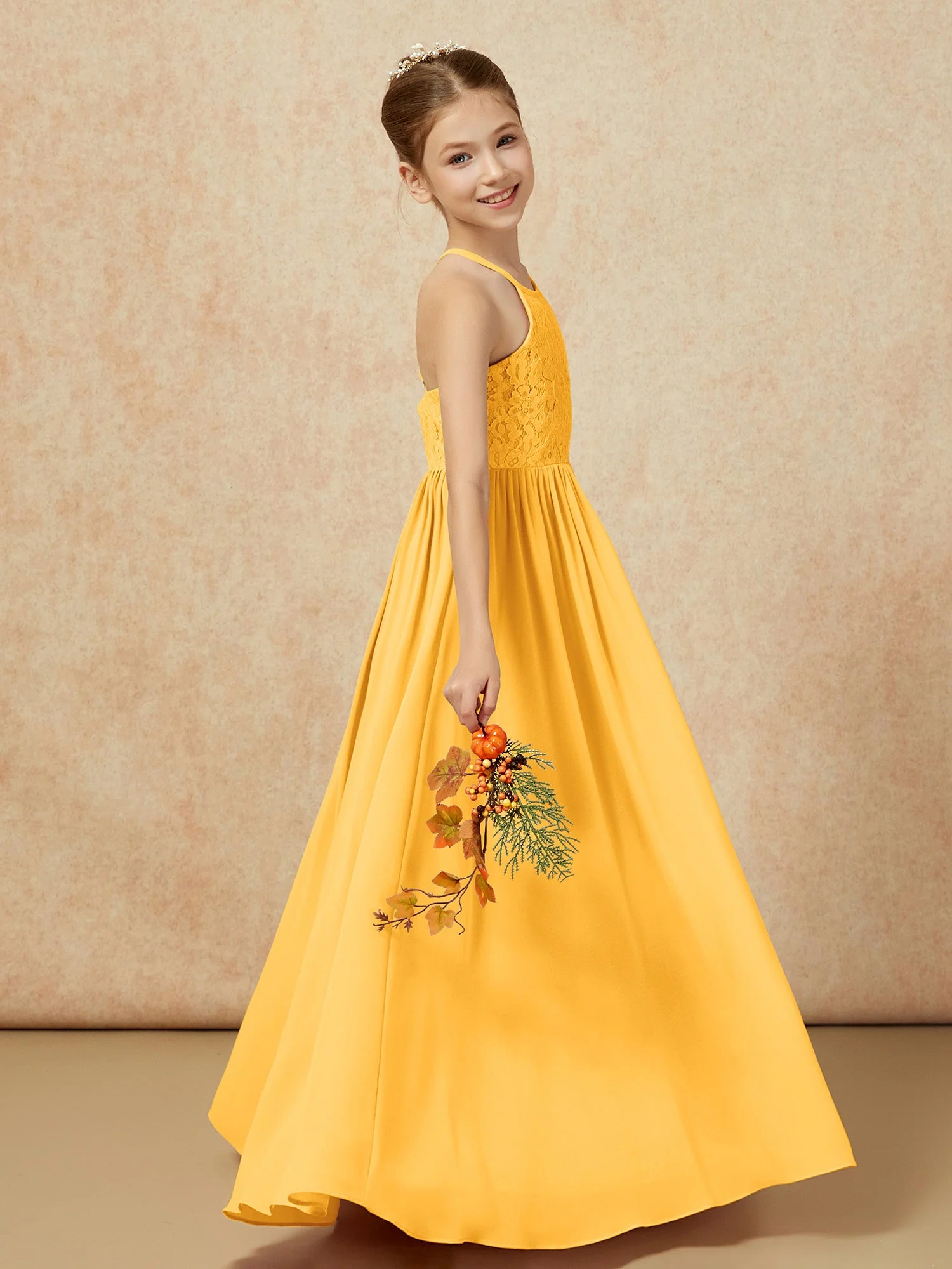 Plissee Spitzen Chiffon Lang Junge Brautjungfernkleider Mandarine - Image 6