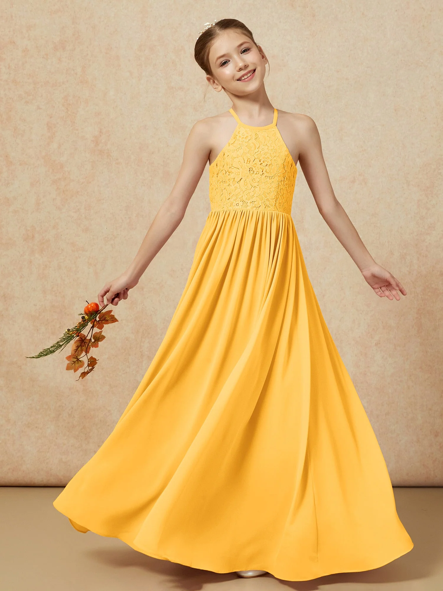 Plissee Spitzen Chiffon Lang Junge Brautjungfernkleider Mandarine - Image 7