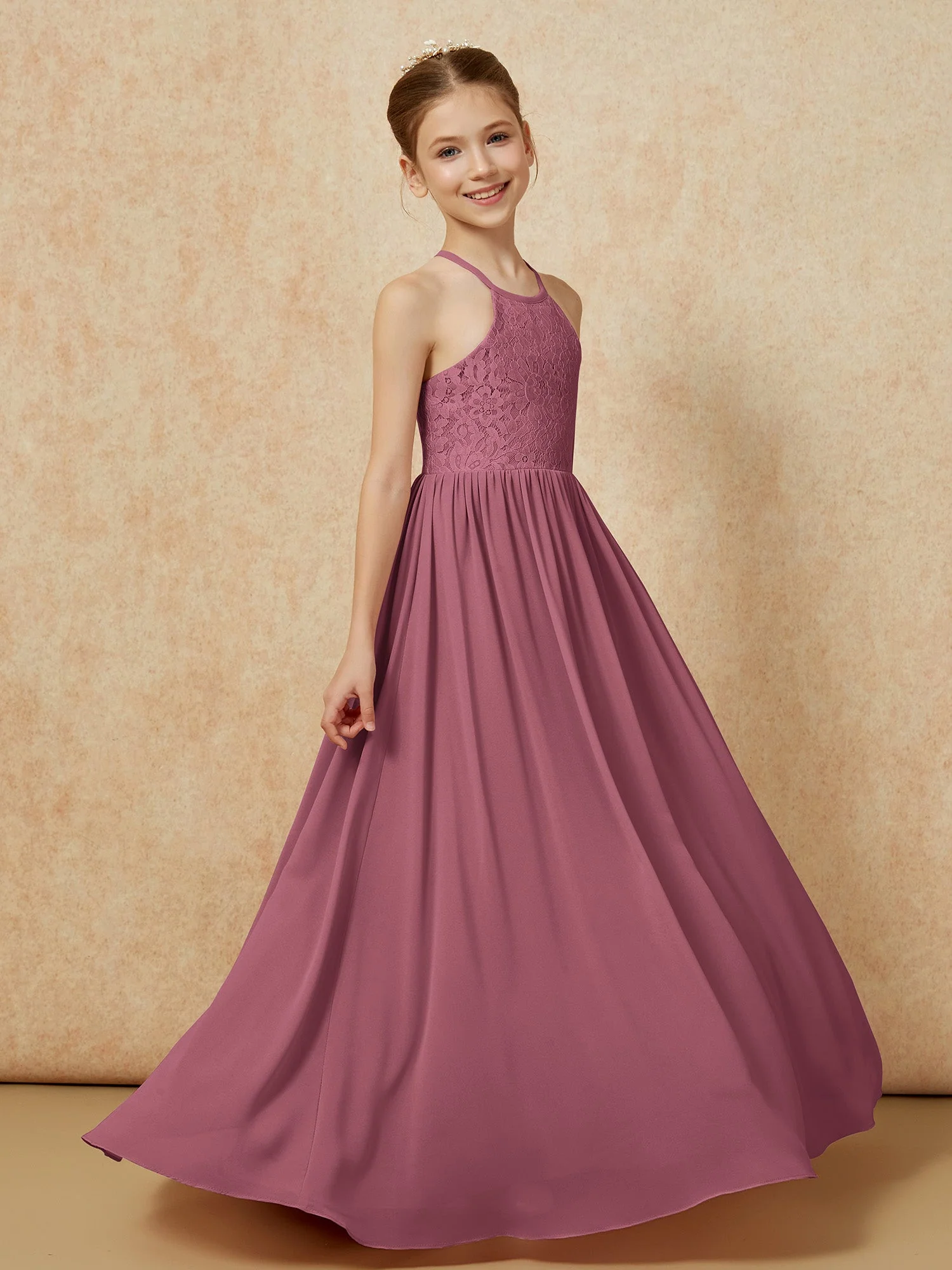Plissee Spitzen Chiffon Lang Junge Brautjungfernkleider Maulbeere - Image 3