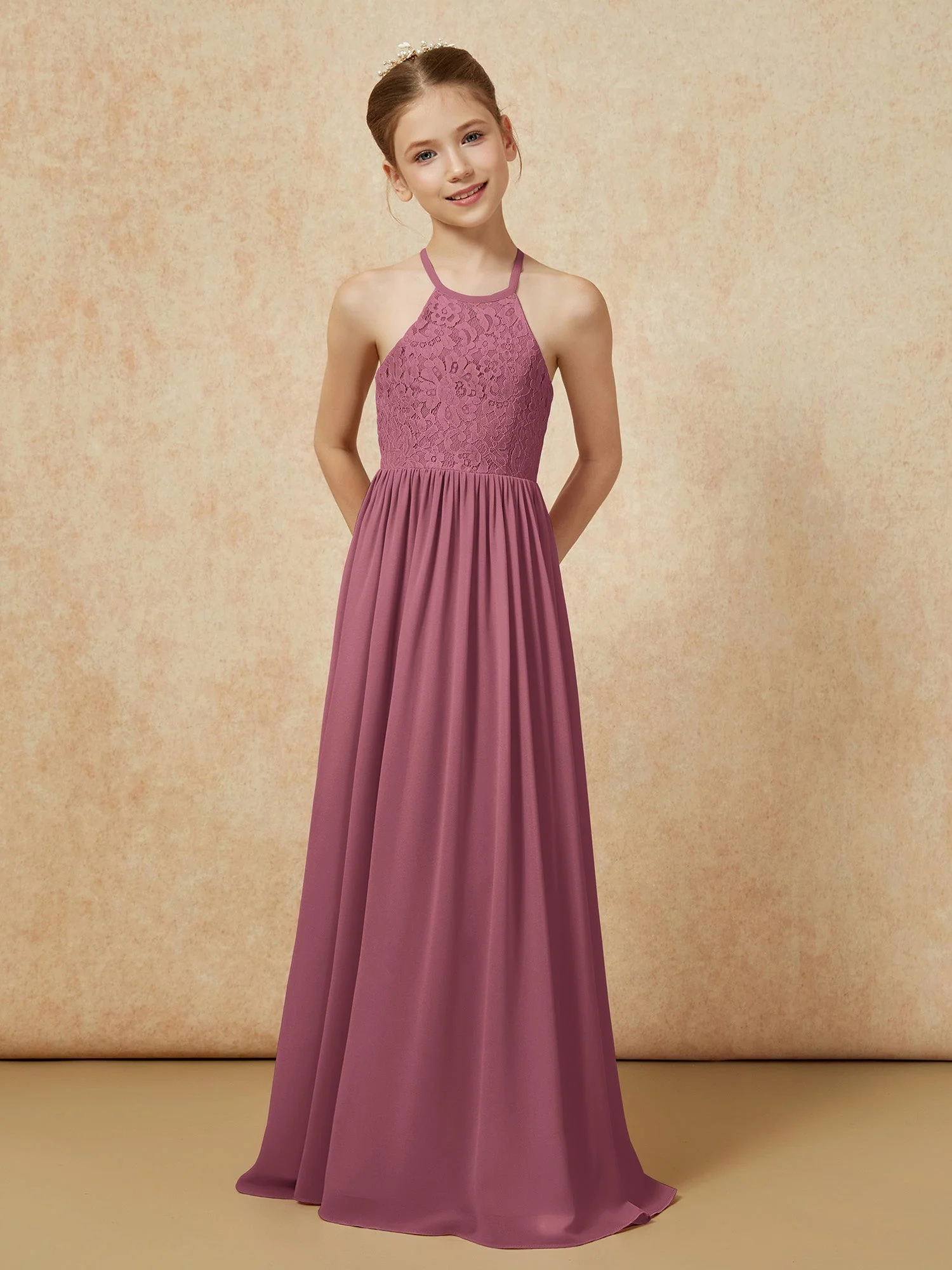 Plissee Spitzen Chiffon Lang Junge Brautjungfernkleider Maulbeere - Image 4