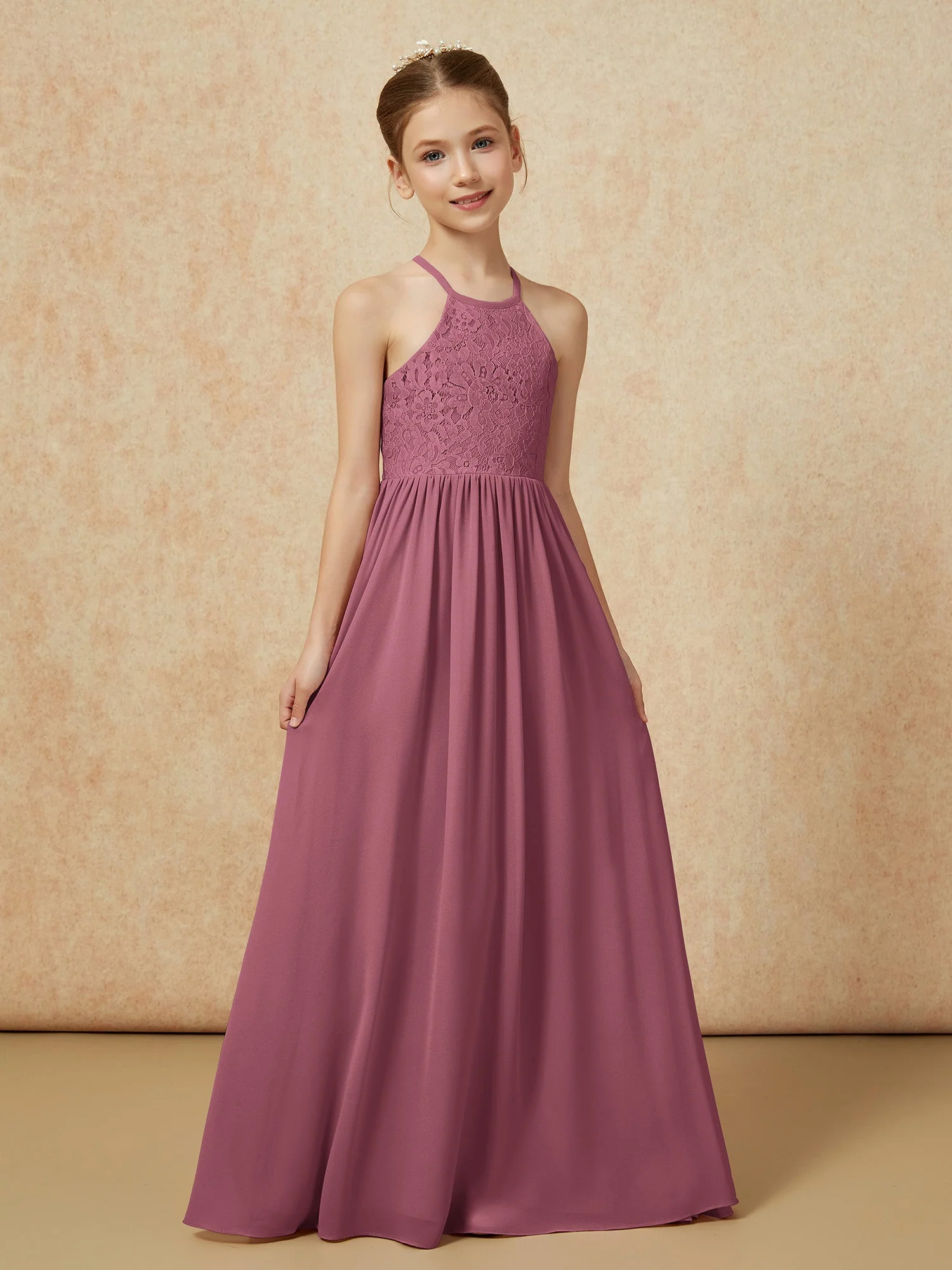 Plissee Spitzen Chiffon Lang Junge Brautjungfernkleider Maulbeere - Image 5