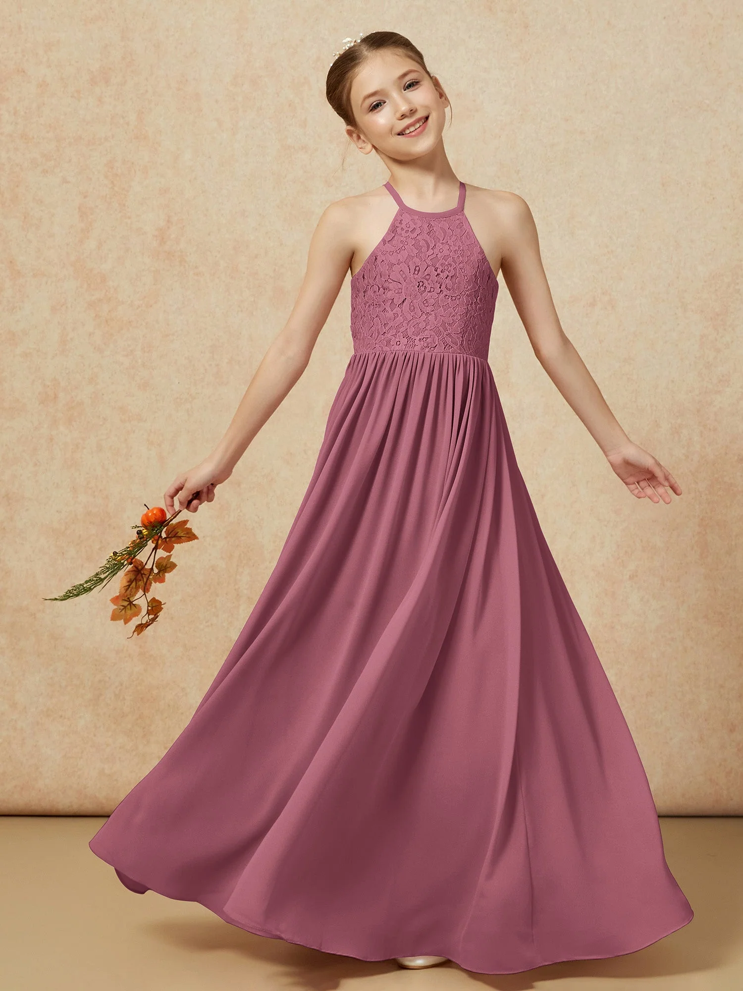 Plissee Spitzen Chiffon Lang Junge Brautjungfernkleider Maulbeere - Image 7