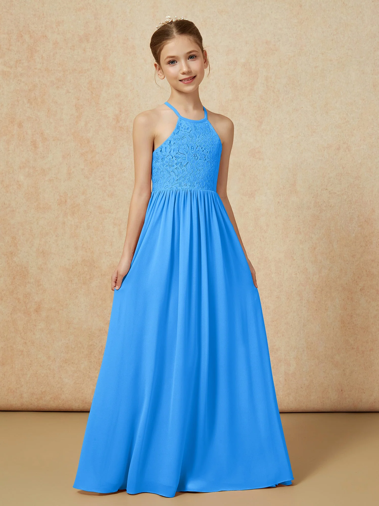 Plissee Spitzen Chiffon Lang Junge Brautjungfernkleider Meerblau - Image 5