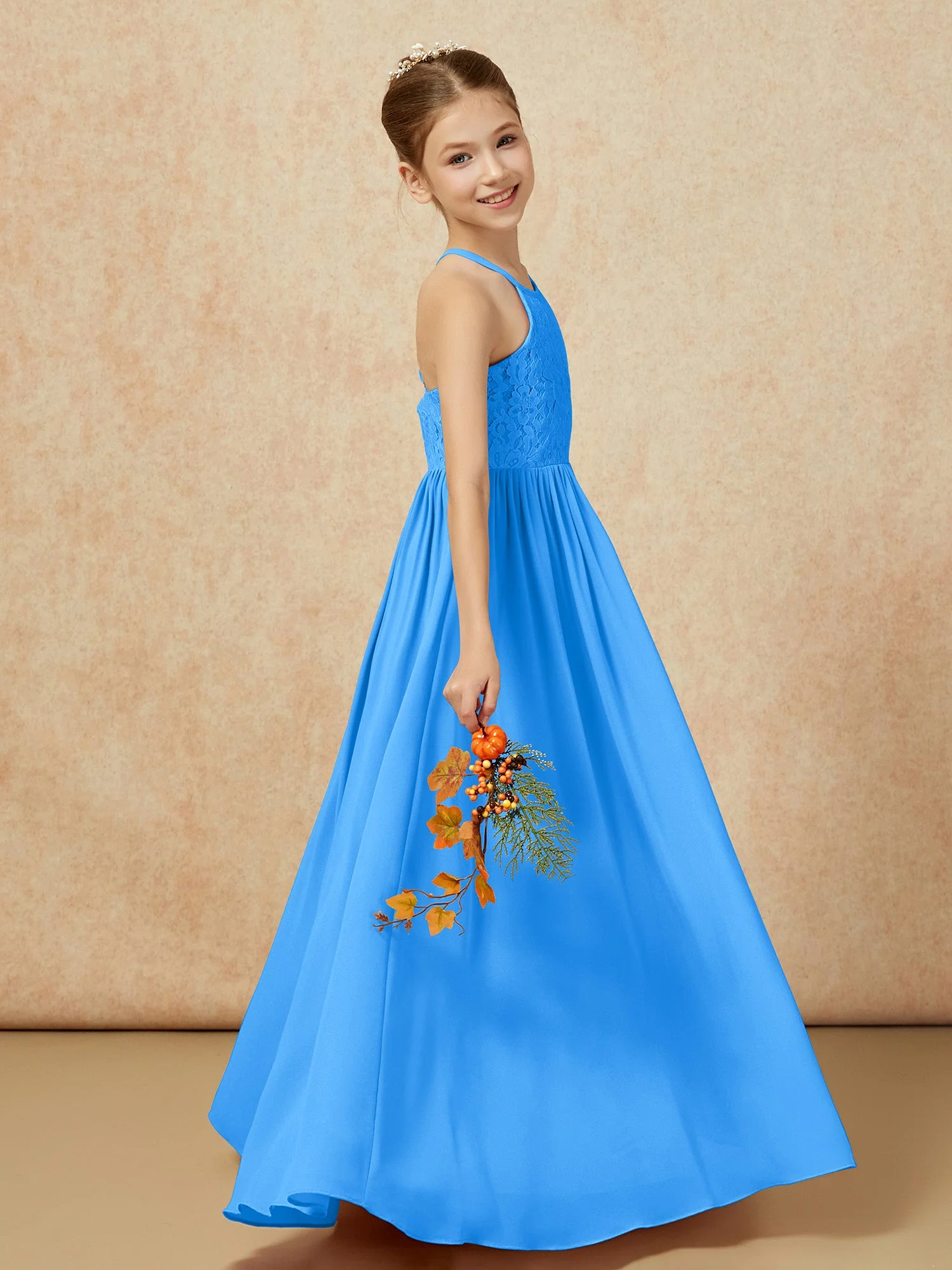 Plissee Spitzen Chiffon Lang Junge Brautjungfernkleider Meerblau - Image 6