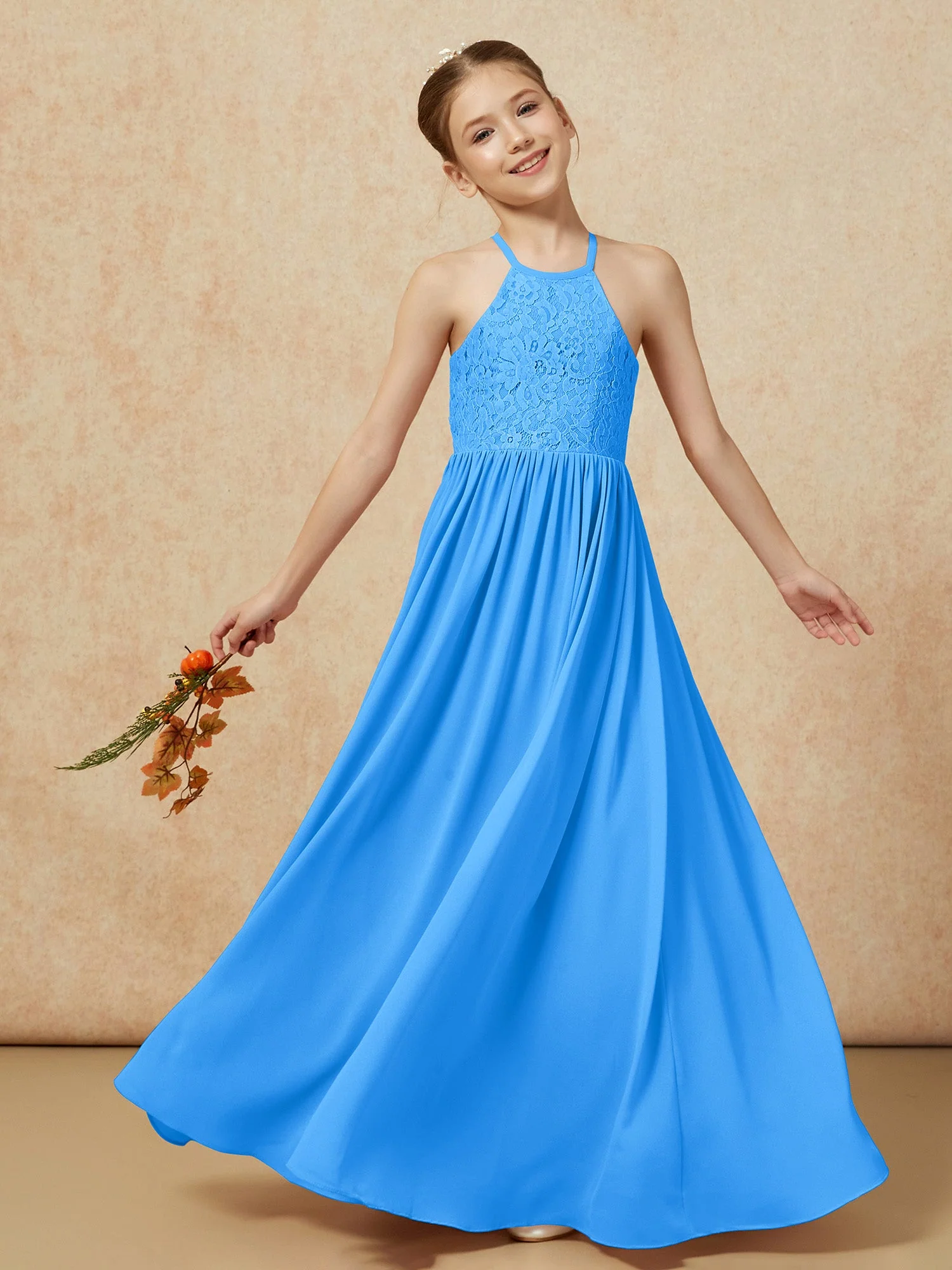 Plissee Spitzen Chiffon Lang Junge Brautjungfernkleider Meerblau - Image 7