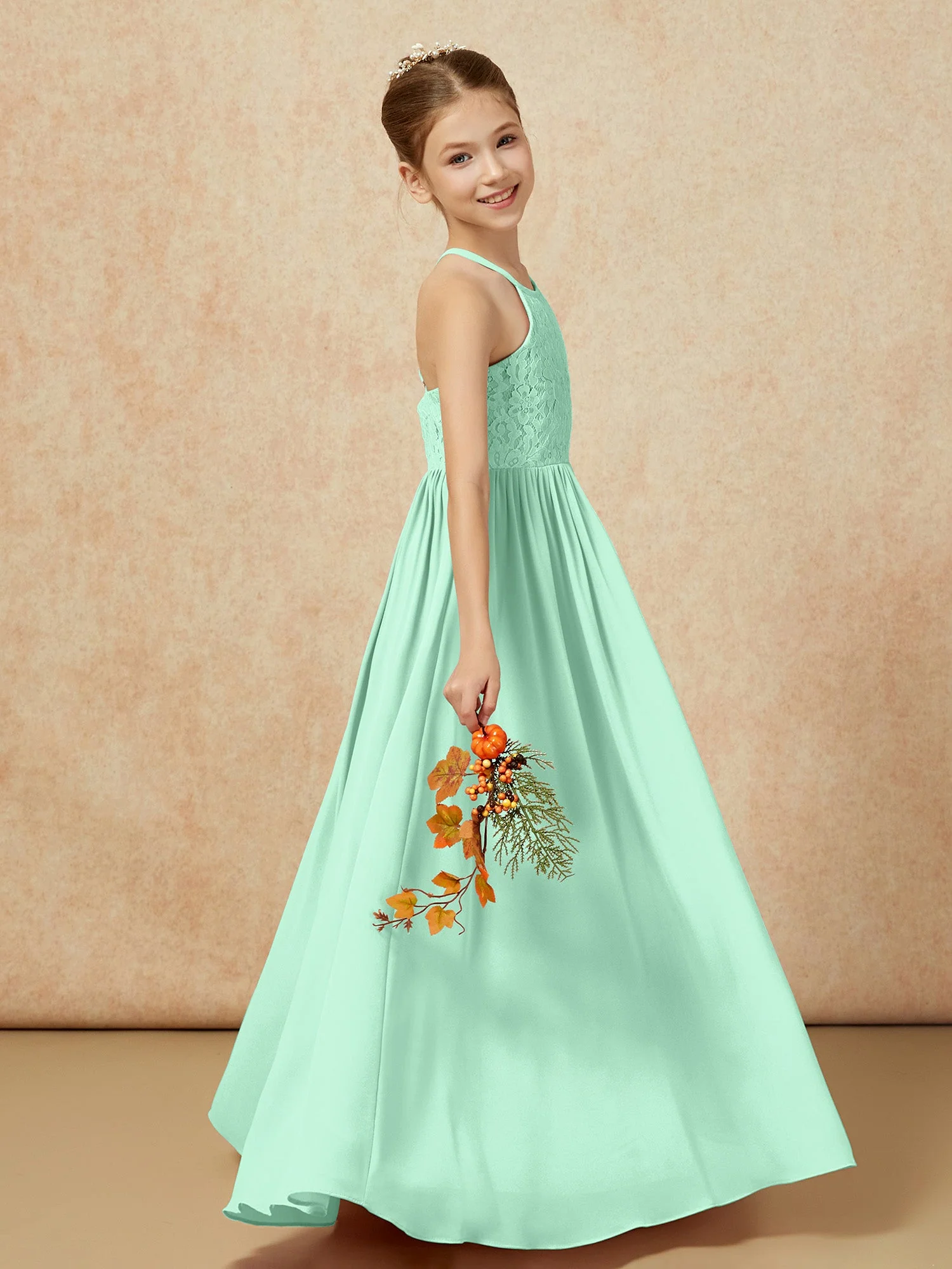 Plissee Spitzen Chiffon Lang Junge Brautjungfernkleider Minzgrün - Image 6