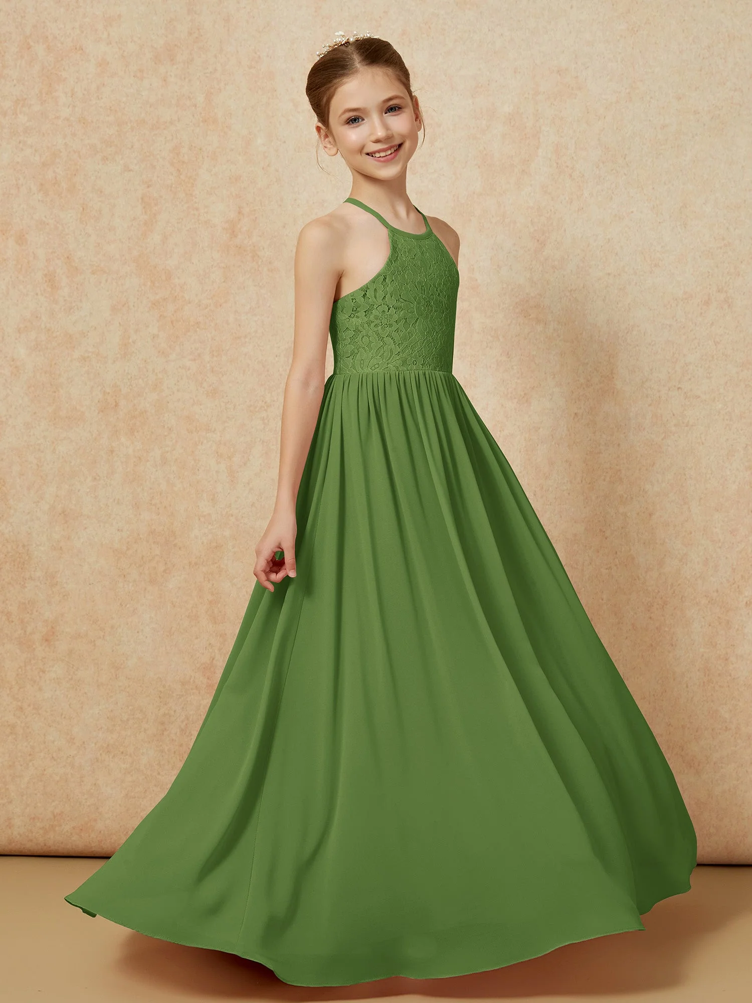 Plissee Spitzen Chiffon Lang Junge Brautjungfernkleider Moos - Image 3
