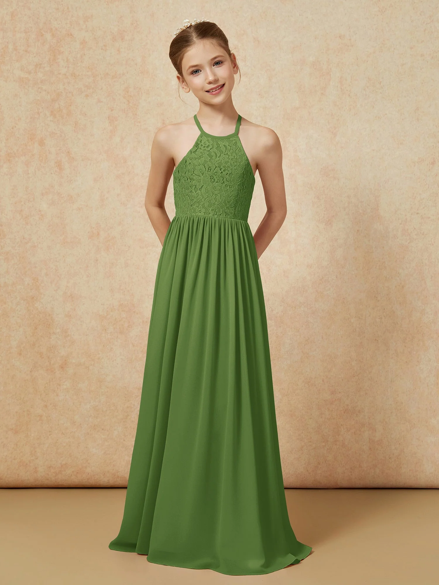 Plissee Spitzen Chiffon Lang Junge Brautjungfernkleider Moos - Image 4
