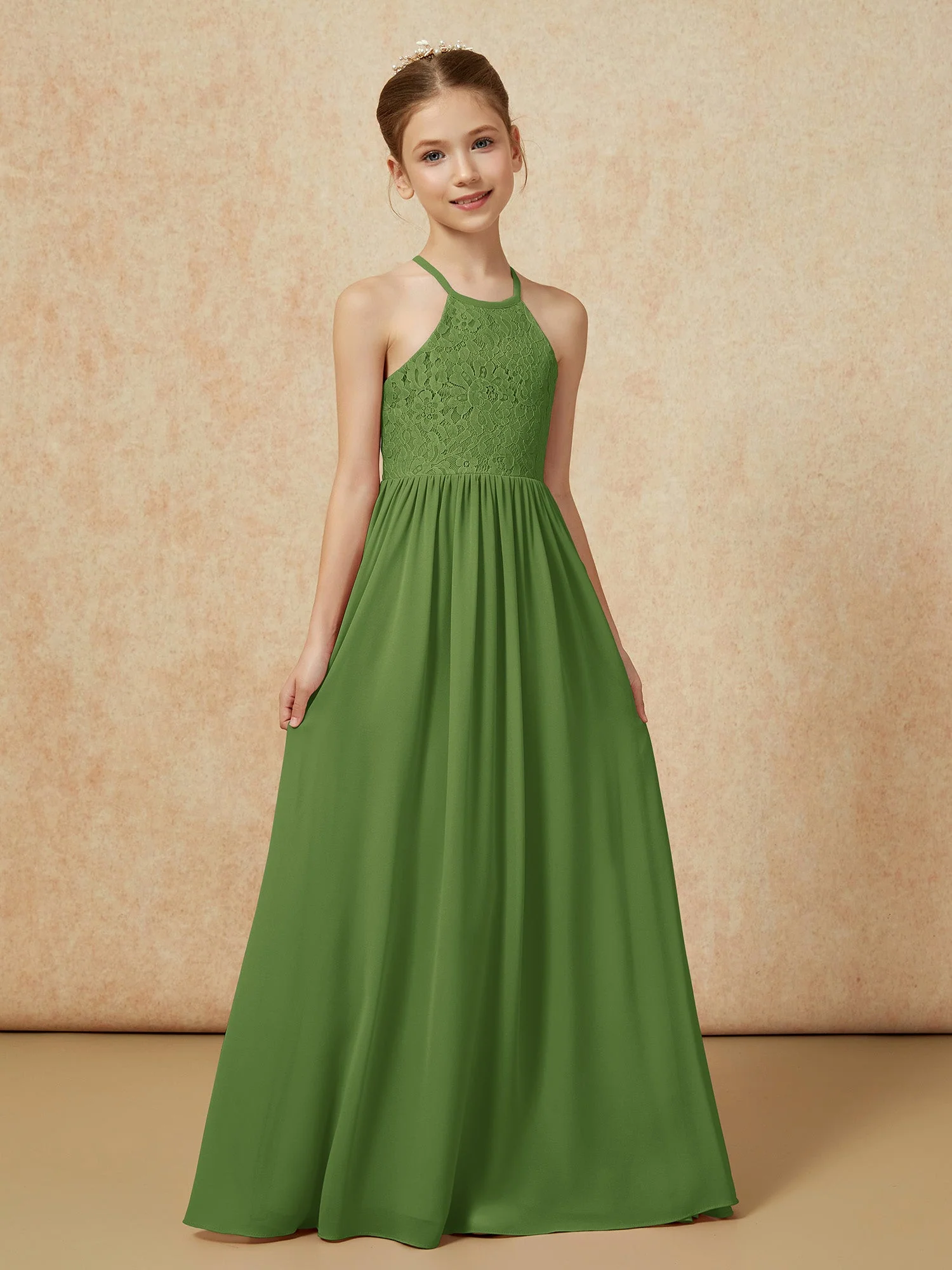 Plissee Spitzen Chiffon Lang Junge Brautjungfernkleider Moos - Image 5